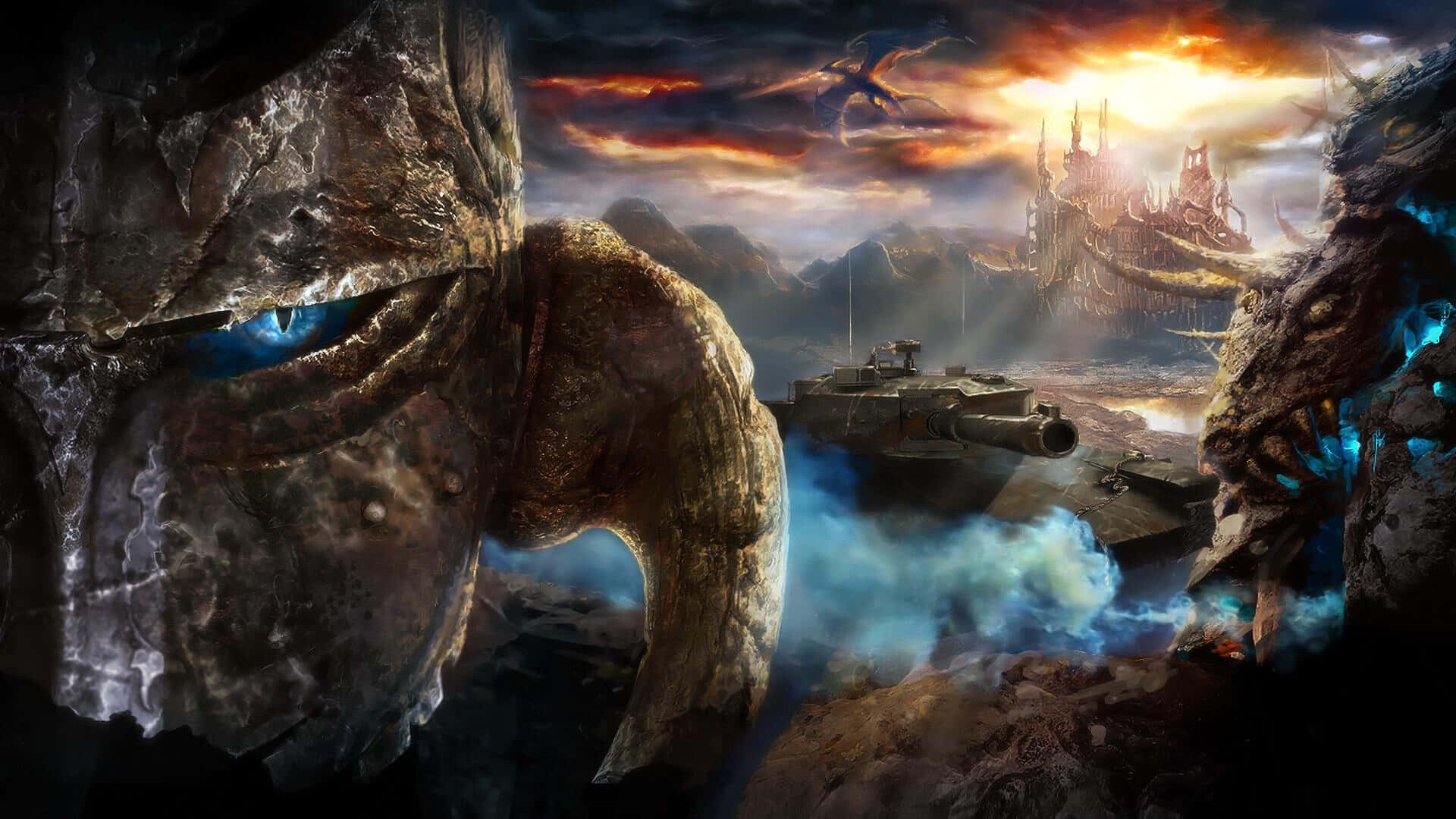 RPG Battle Scene, colossal stone giants, fiery sunset sky, Full HD Desktop Wallpaper