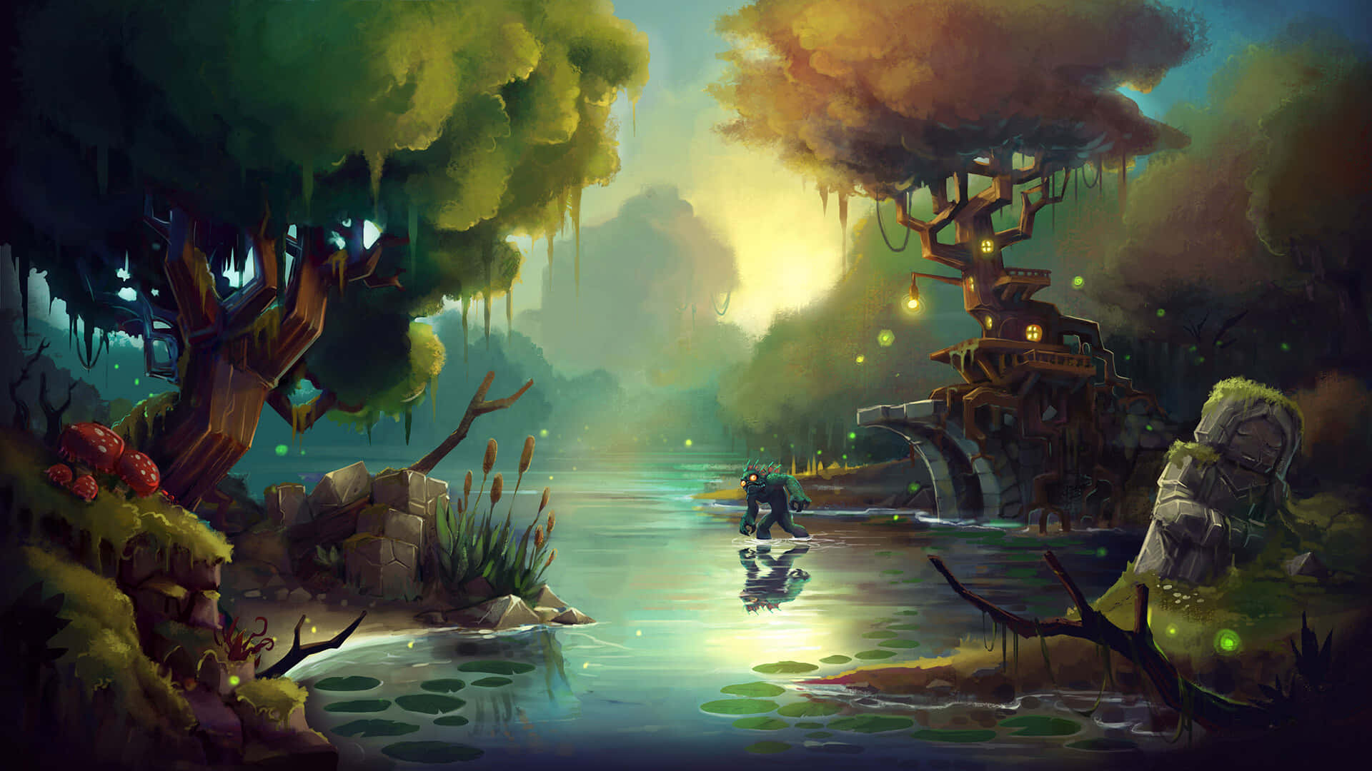Epic RPG Game Battle Scene, mystical forest river, twilight, Full HD Desktop Wallpaper