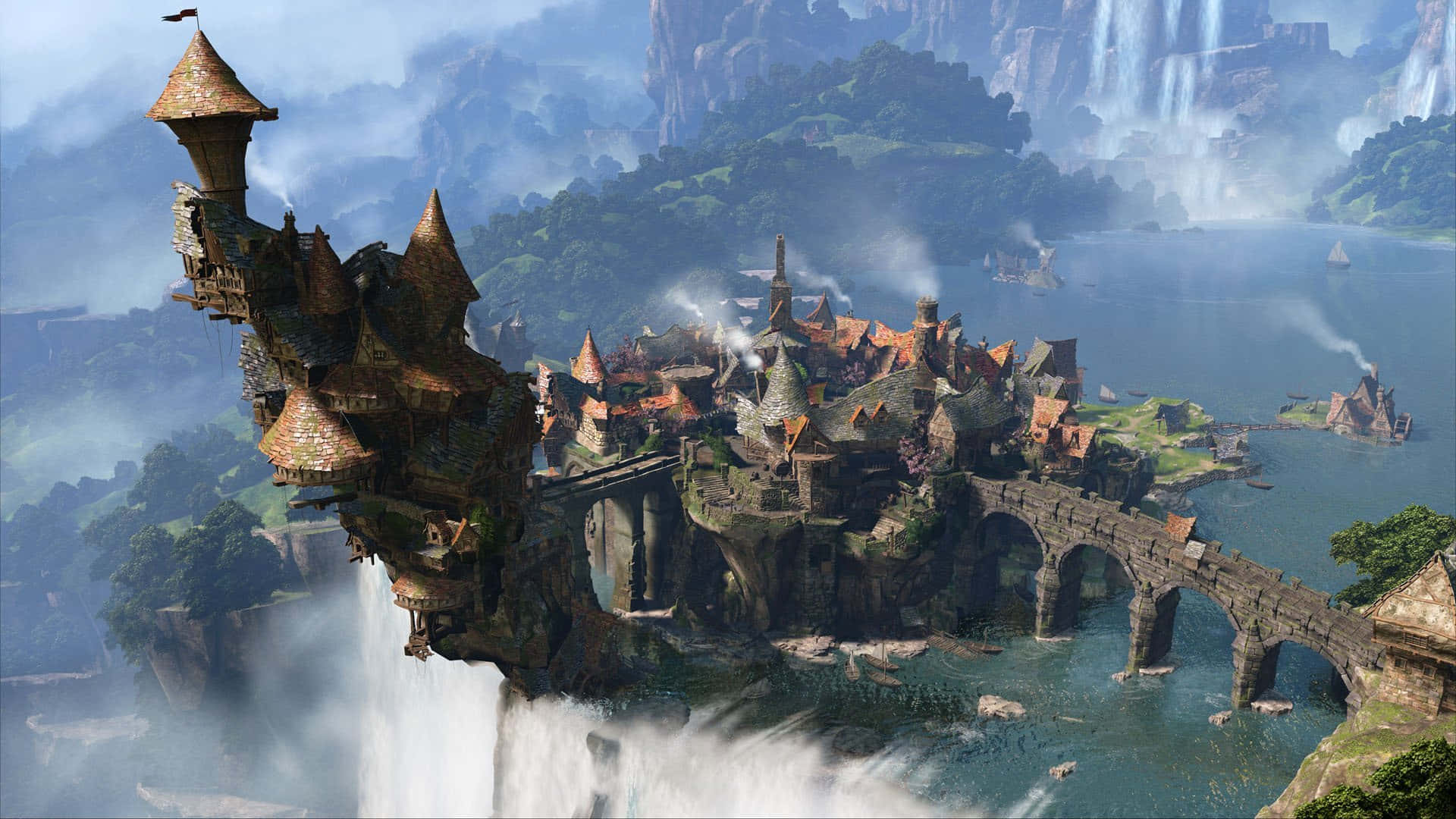 fantasy village, cliffside, cascading waterfalls, Full HD Desktop Wallpaper