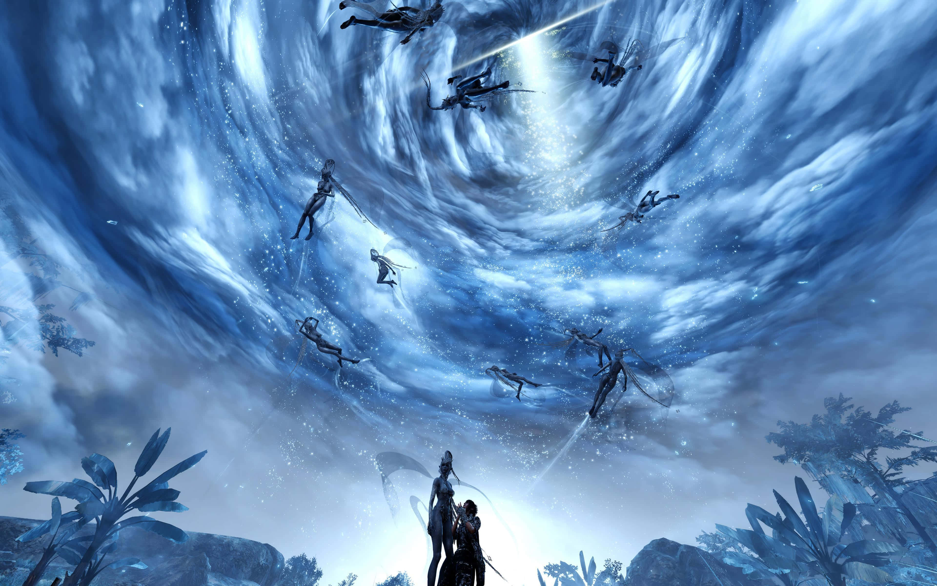 RPG Games, blue vortex, silhouetted warriors, 4K Desktop Wallpaper