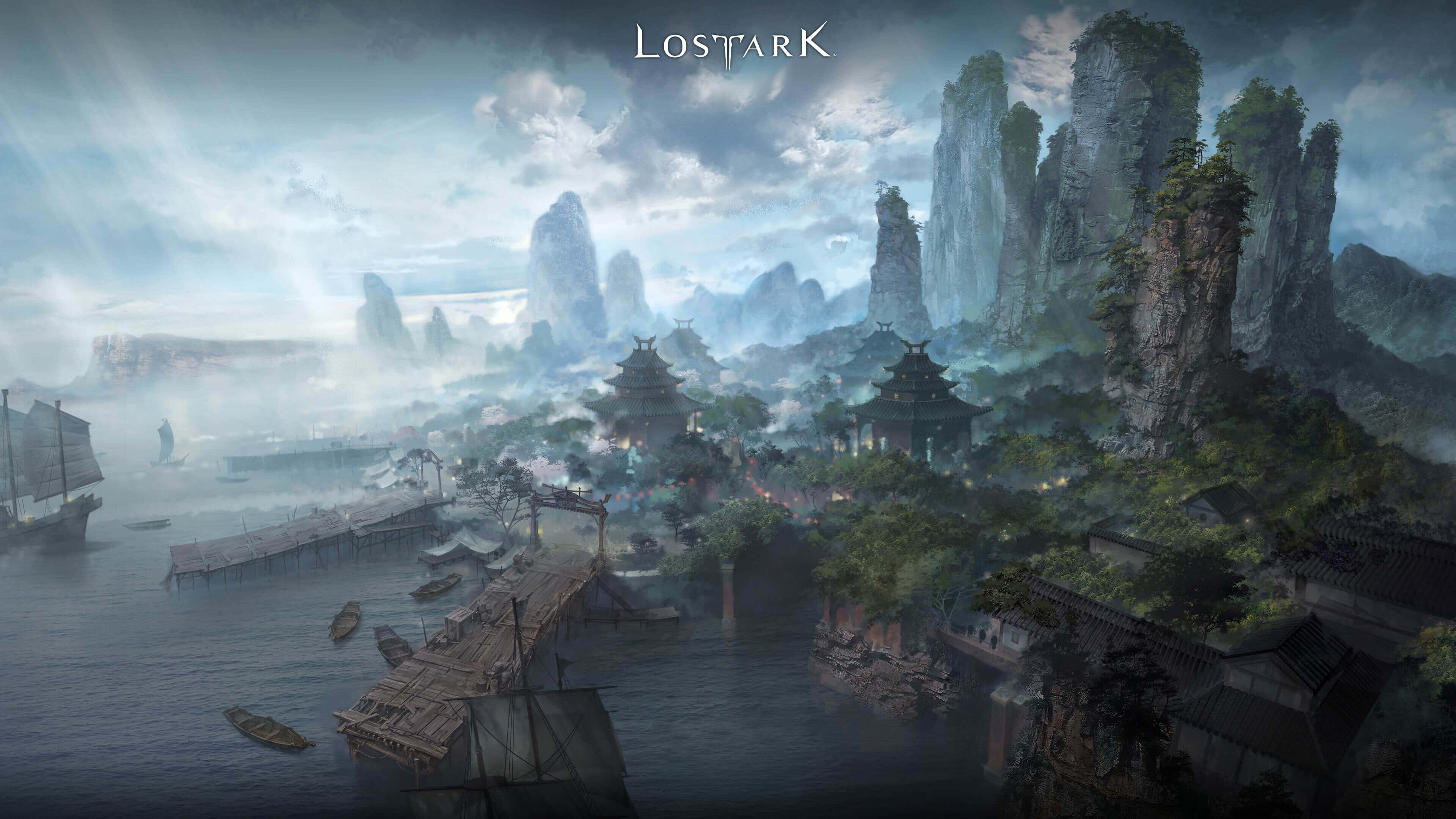 RPG adventure, misty coastal village, traditional wooden buildings, 4K Desktop Wallpaper