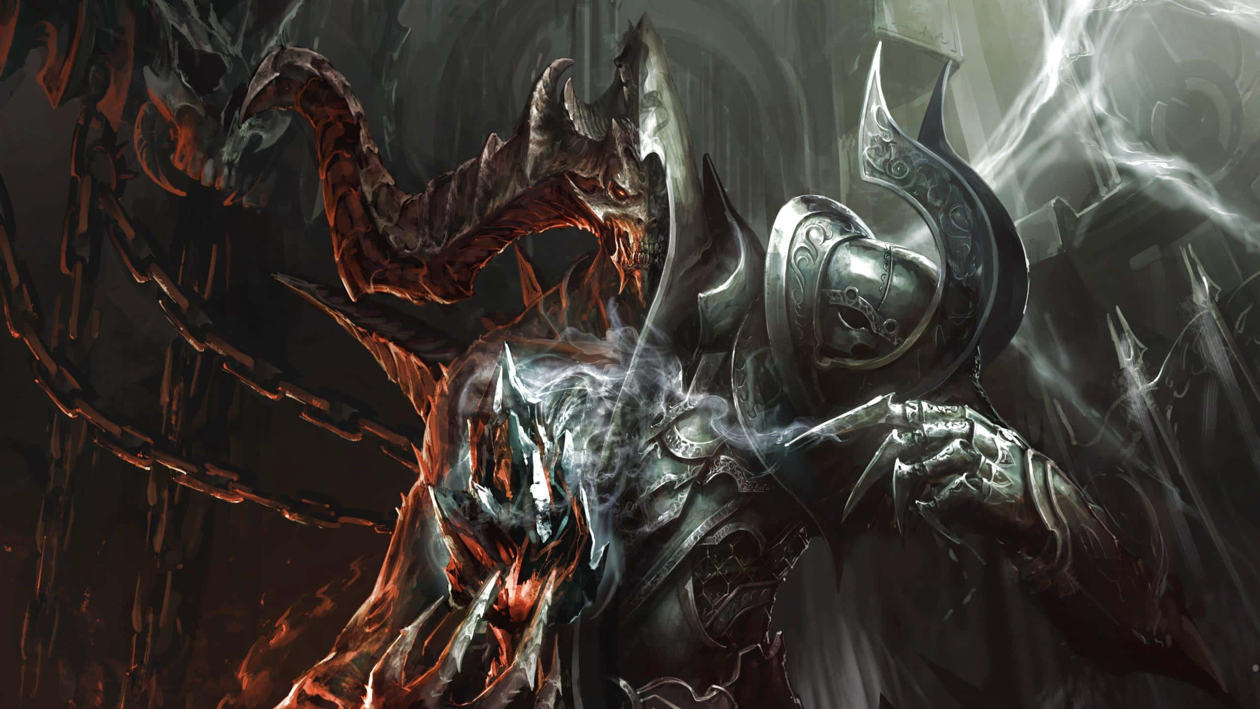 dark fantasy knight, ornate silver armor, demonic red creature, 2K Desktop Wallpaper