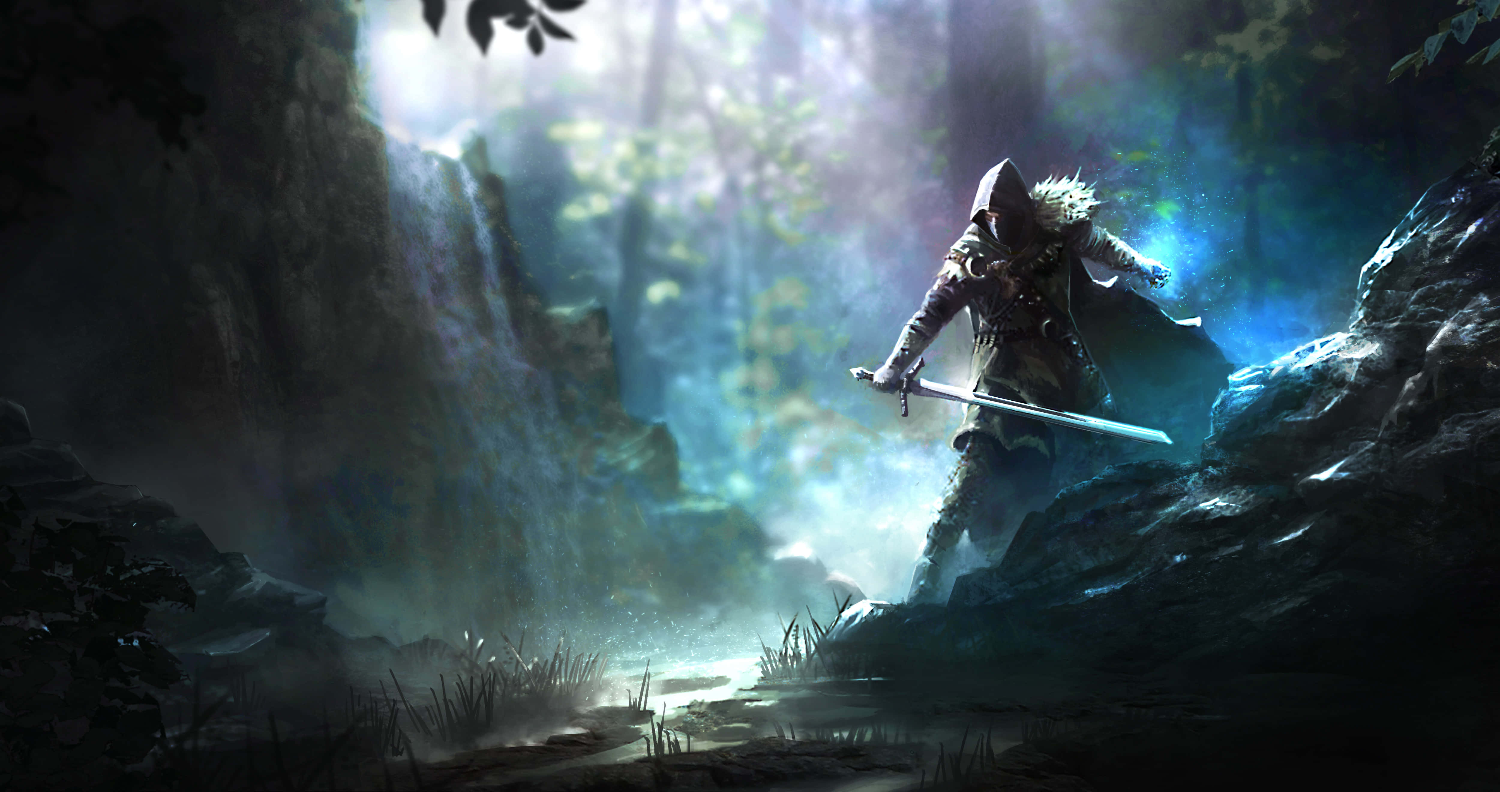 Epic Battle in Fantasy RPG Game, hooded warrior, glowing sword, 4K Desktop Wallpaper