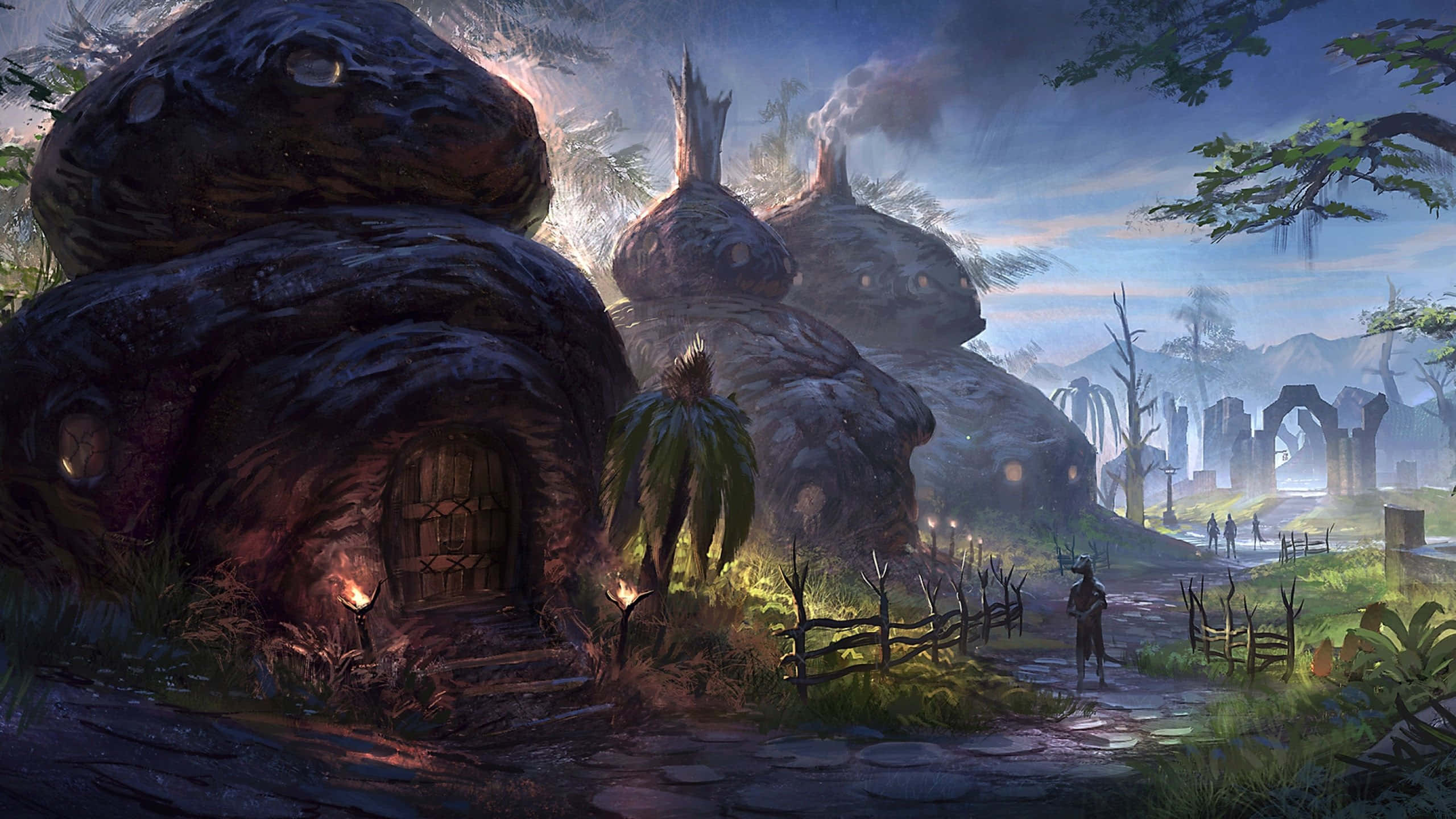 Adventurous RPG Game Battle Scene, mushroom-shaped houses, warm light, 2K Desktop Wallpaper