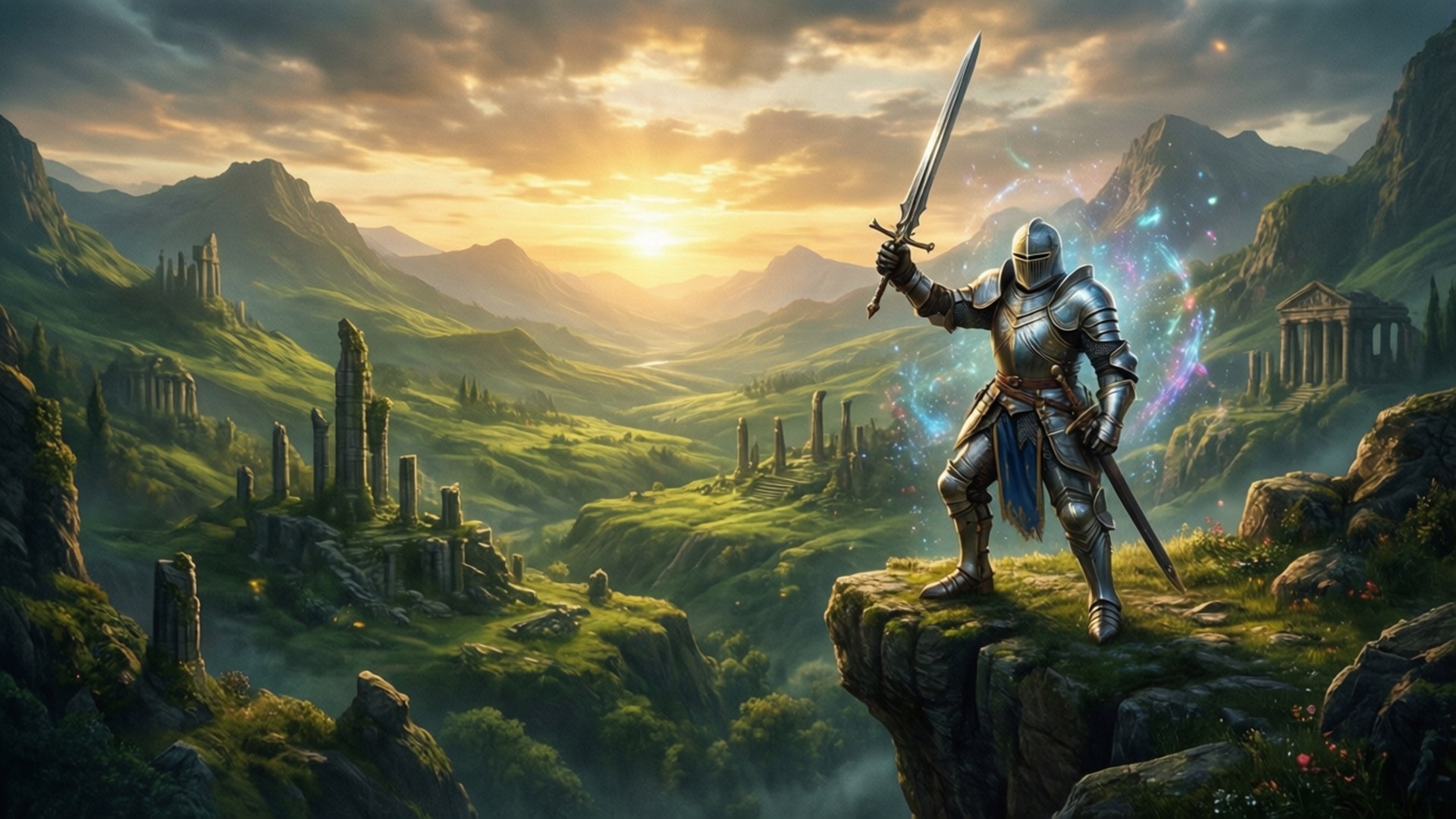 Hero's Sunset Vista, lone knight, sunset, Full HD Desktop Wallpaper