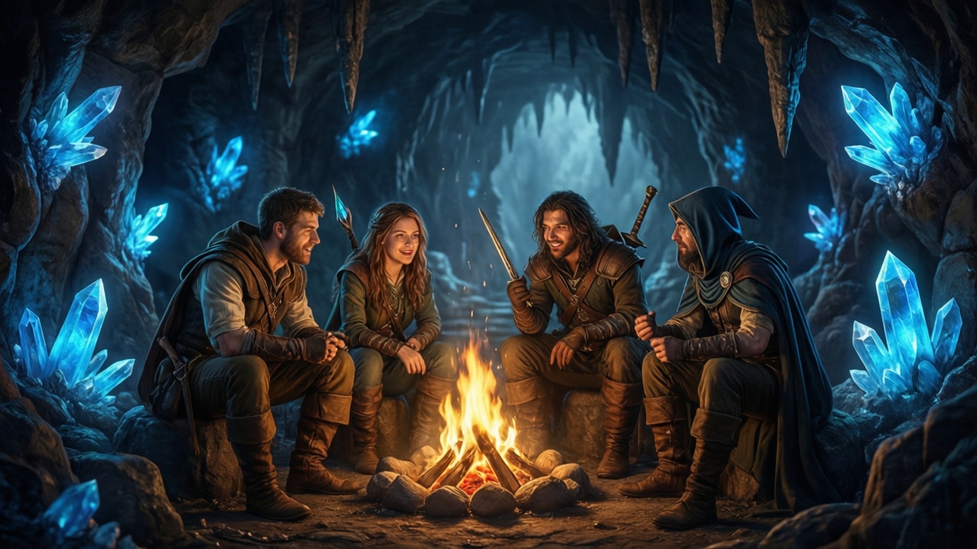 Dungeon, Campfire, Glowing crystals, Full HD Desktop Wallpaper