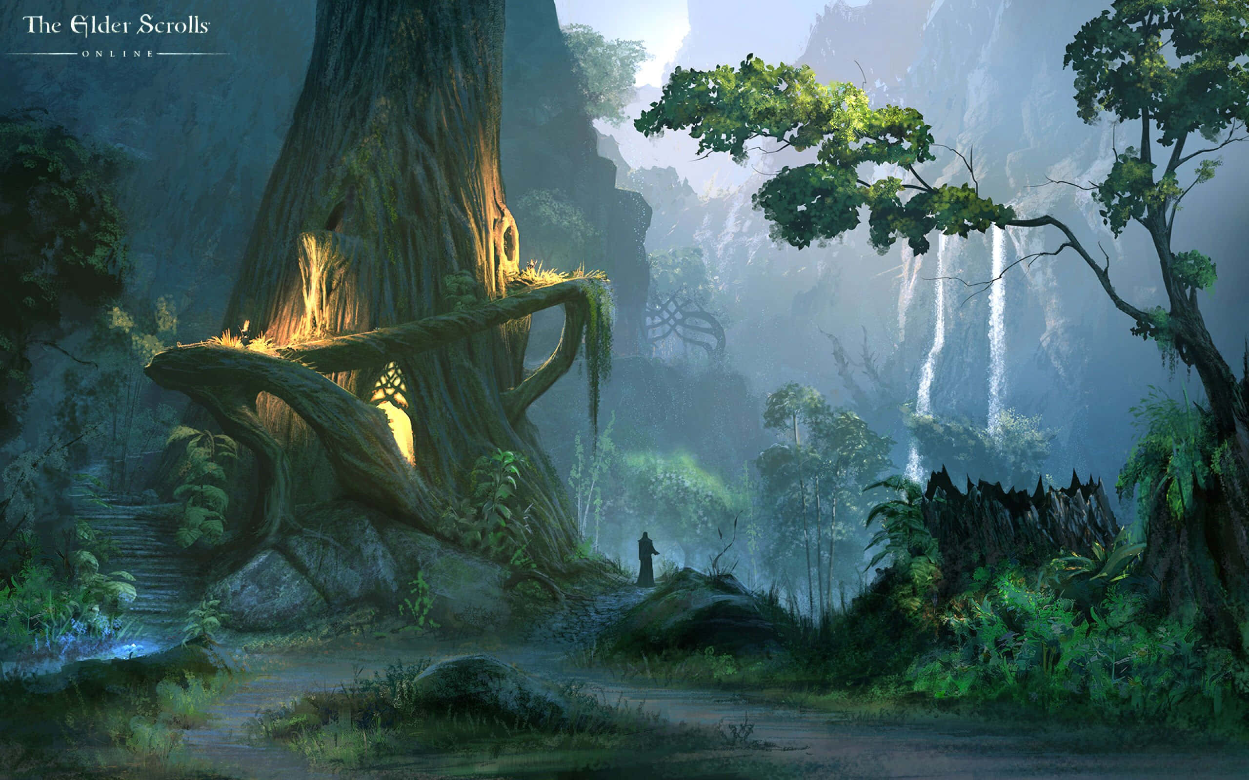 RPG fantasy adventure, misty forest, colossal ancient tree, 2K Desktop Wallpaper