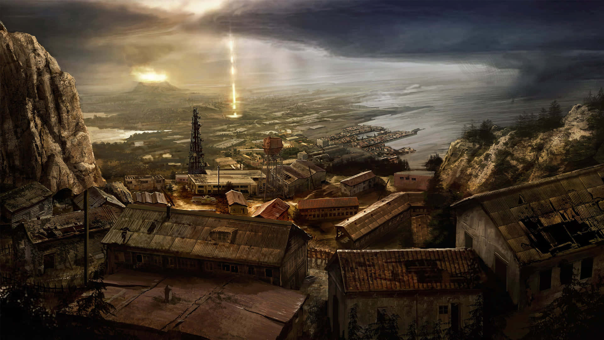 Epic RPG Battle Scene, desolate coastal town, rusted buildings, Full HD Desktop Wallpaper