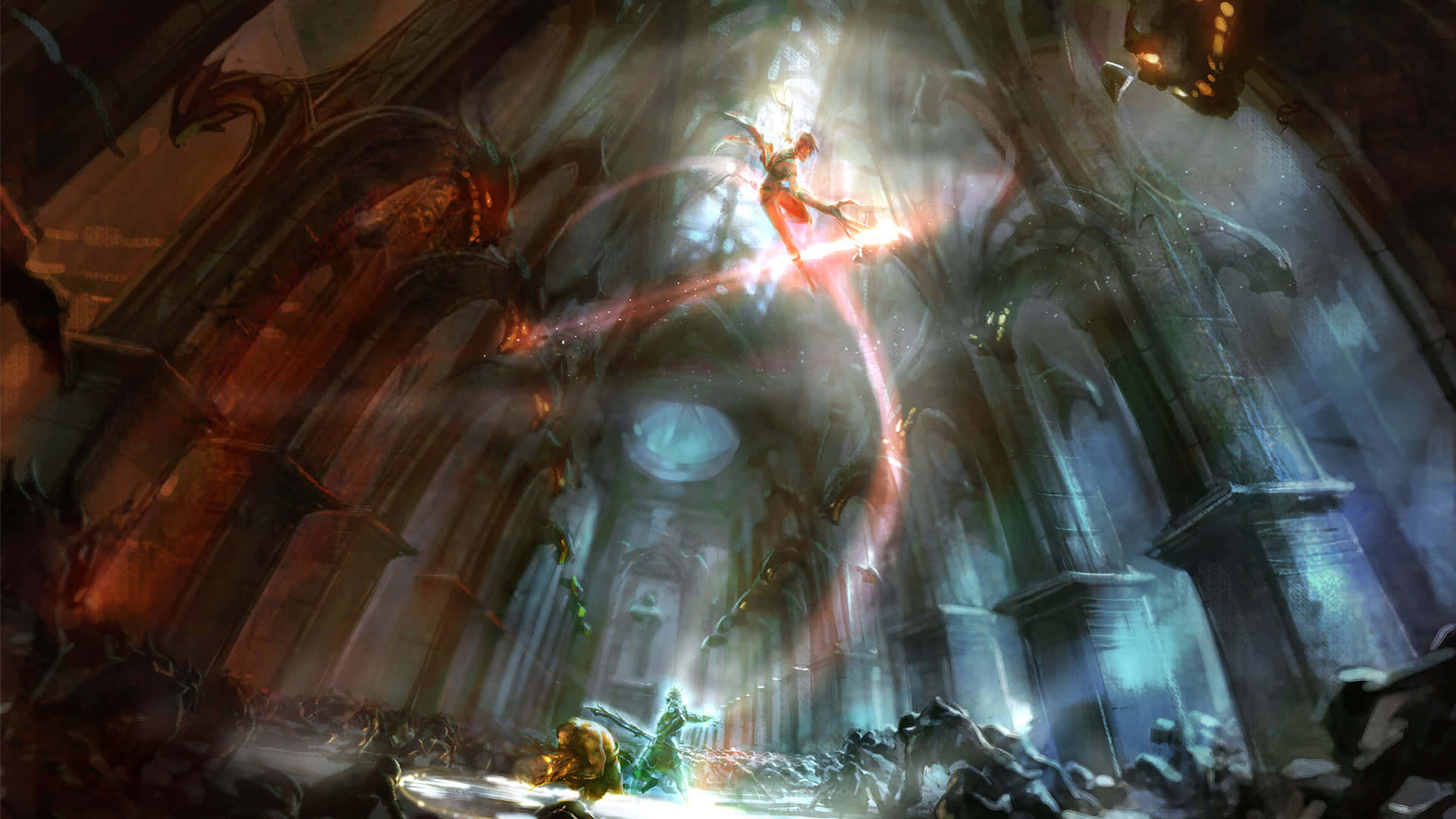 glowing warrior, colossal gothic cathedral, beams of light, Full HD Desktop Wallpaper