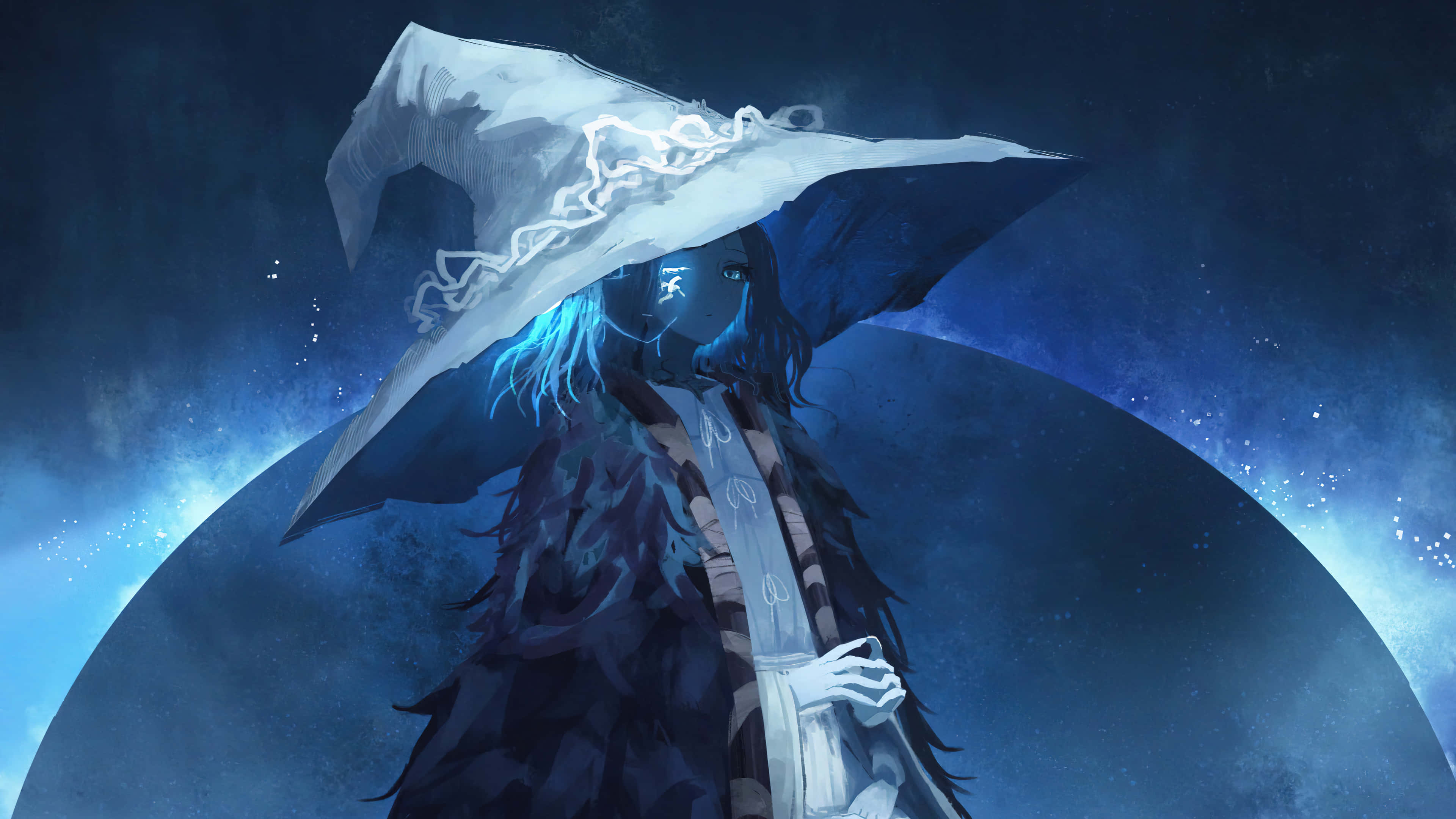RPG, anime witch, glowing blue hair, 4K Desktop Wallpaper
