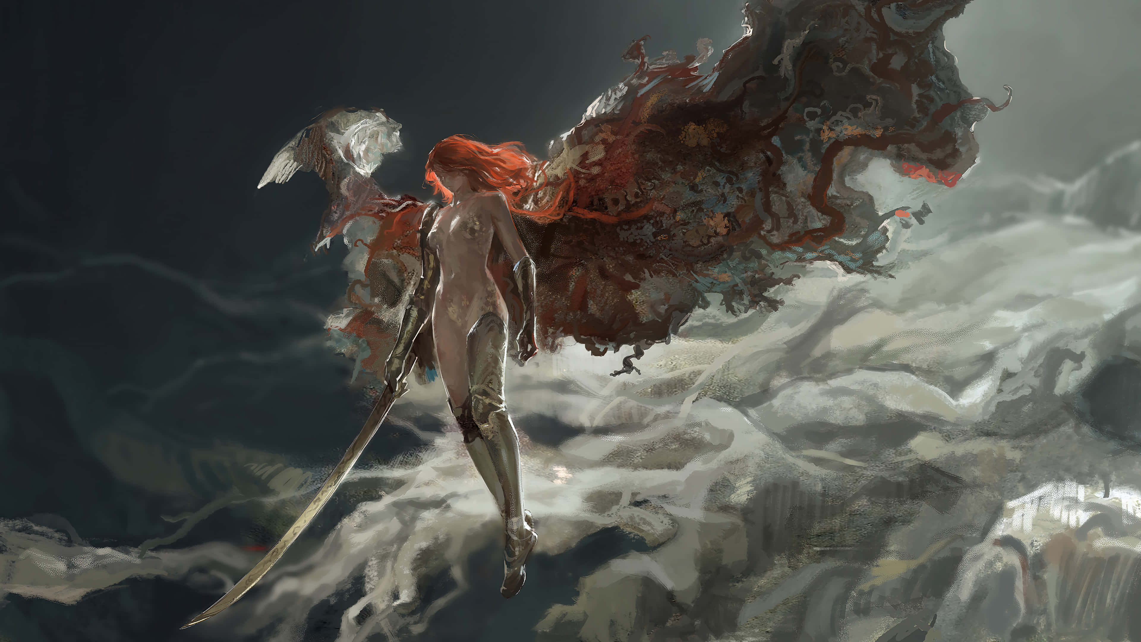 RPG, nude warrior, fiery red hair, 4K Desktop Wallpaper