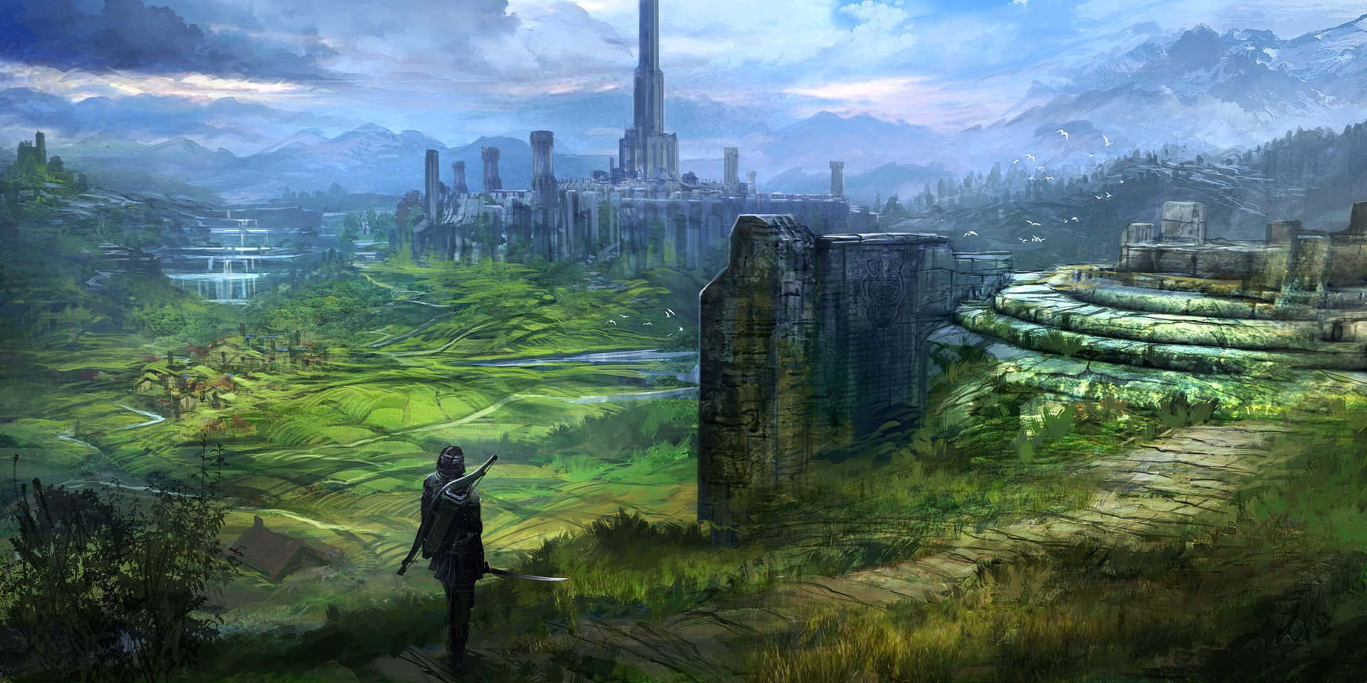 RPG, armored warrior, stone path, Full HD Desktop Wallpaper
