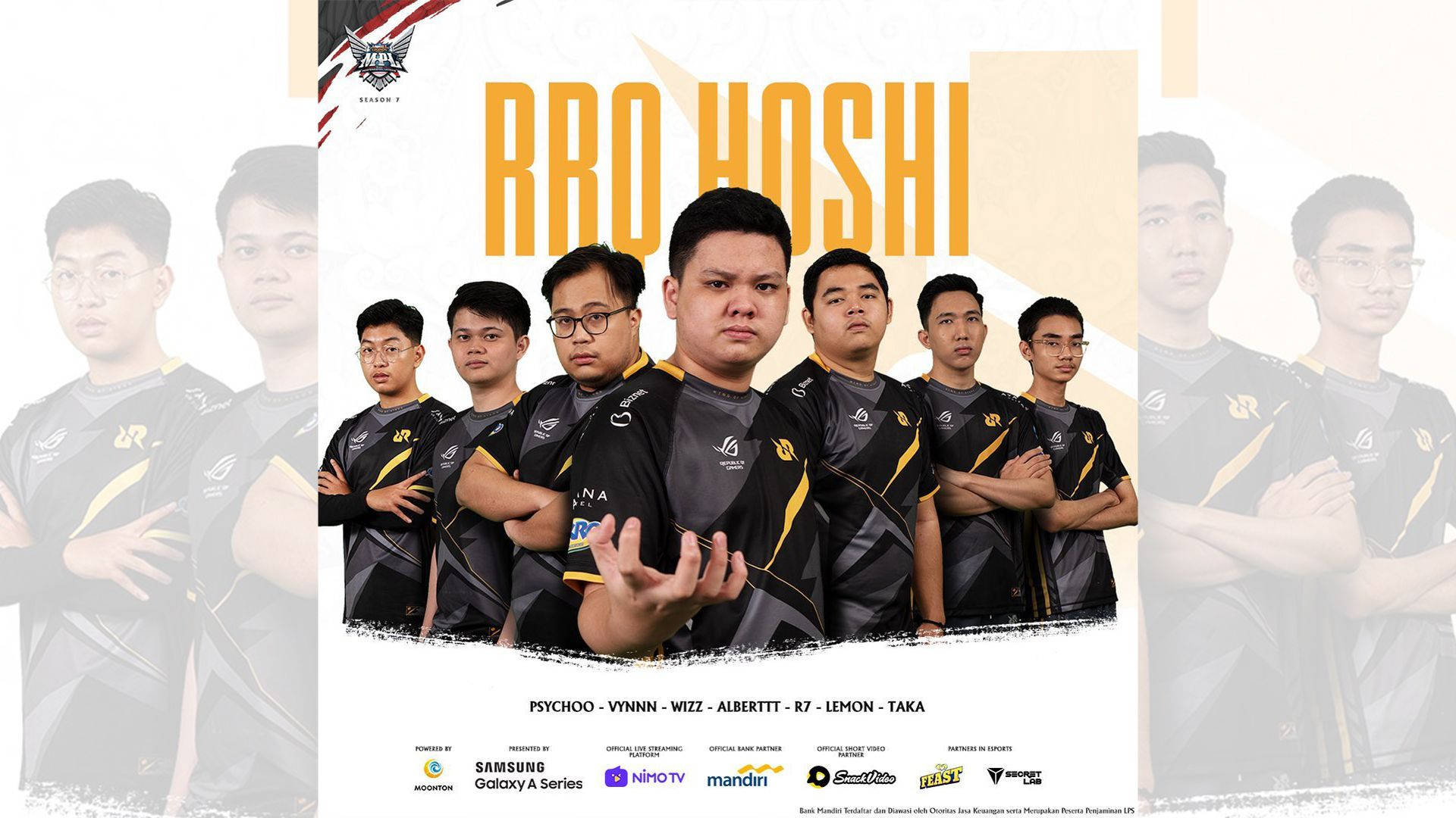 Rrq Team, black and yellow jerseys, stylized graphic background, Full HD Desktop Wallpaper