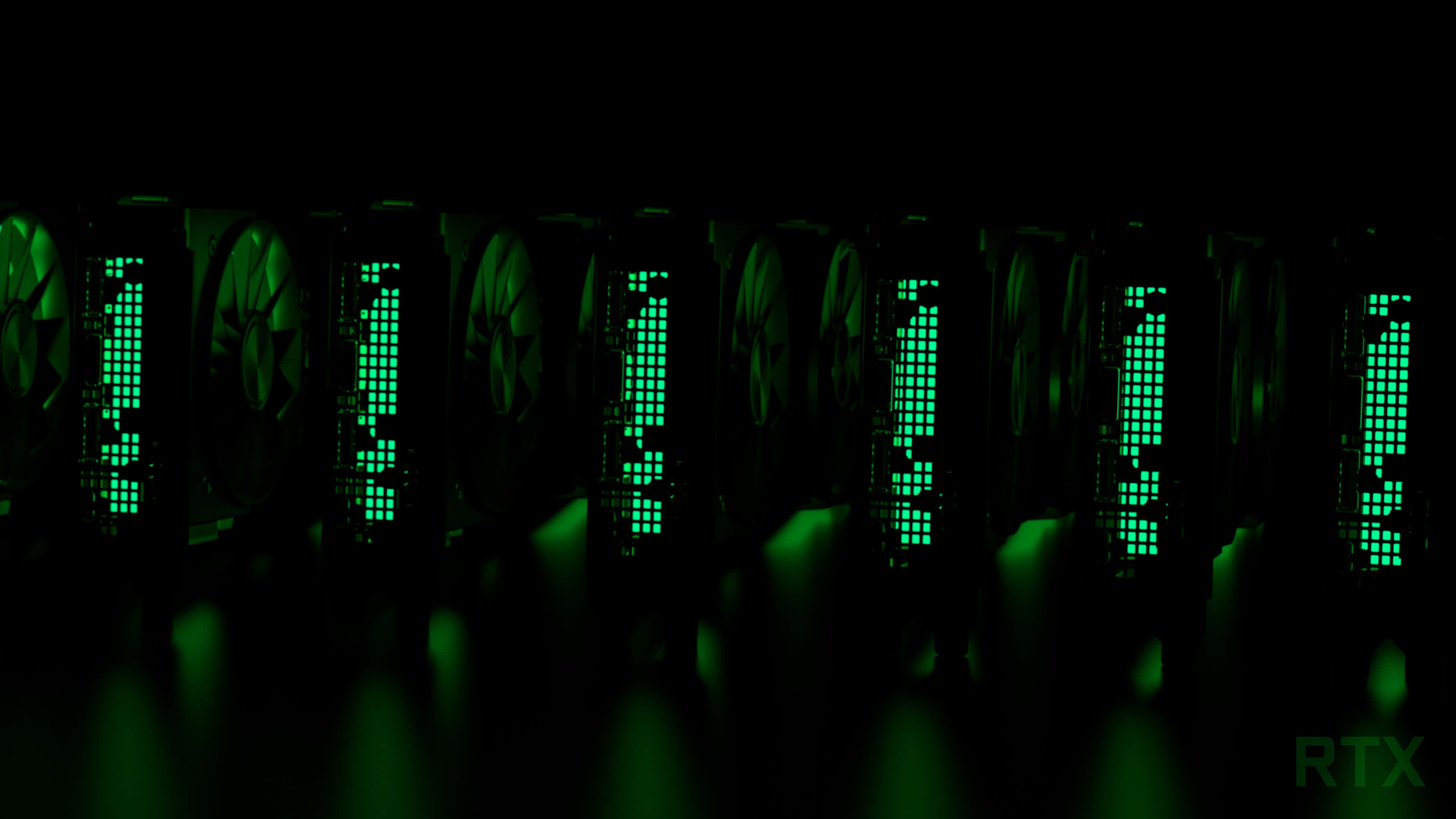 RTX, green LED displays, dark room, 4K Desktop Wallpaper
