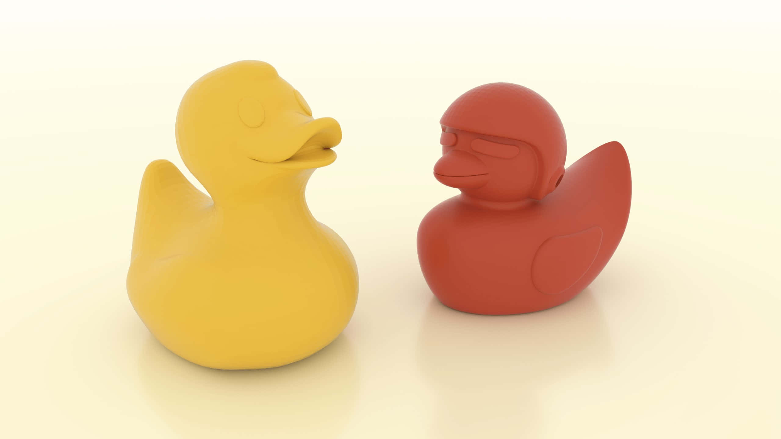 yellow rubber duck, red rubber duck, soft white surface, 2K Desktop Wallpaper