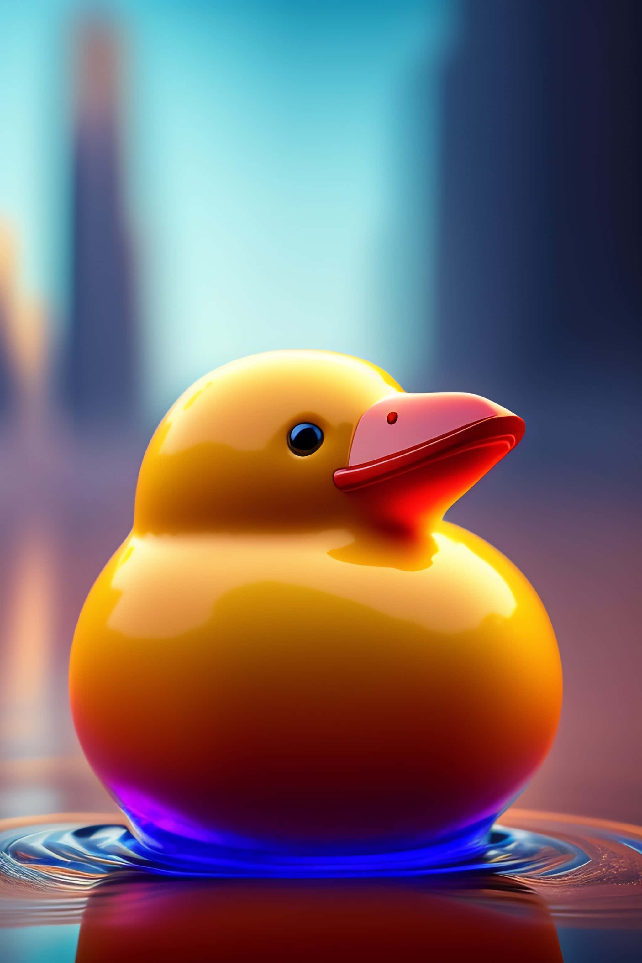 glowing blue base, glossy yellow rubber duck, blurred cityscape background, 2K Phone Wallpaper
