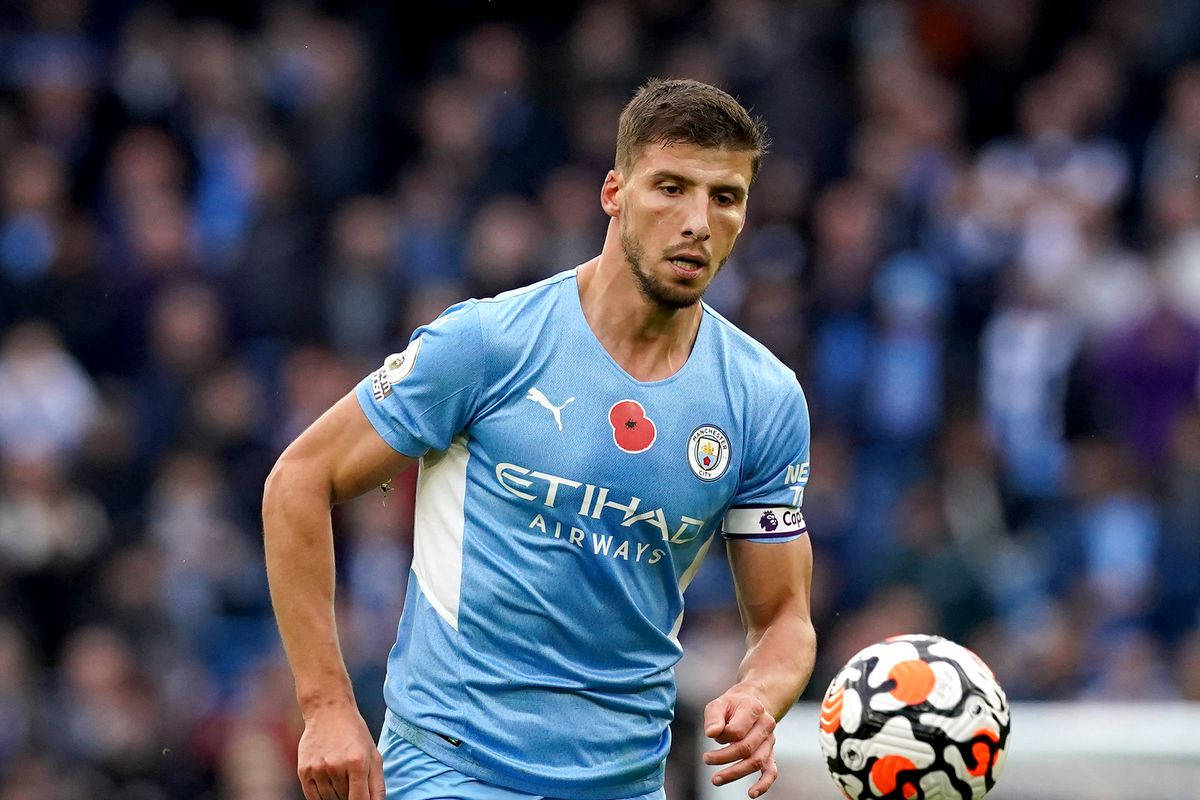Ruben Dias, light blue Manchester City jersey, patterned ball, SD Desktop Wallpaper