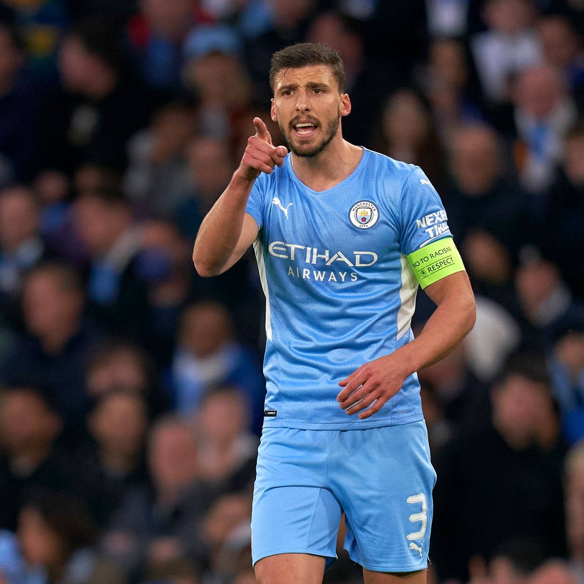 Ruben Dias, light blue Manchester City jersey, stadium lights, SD Desktop Wallpaper