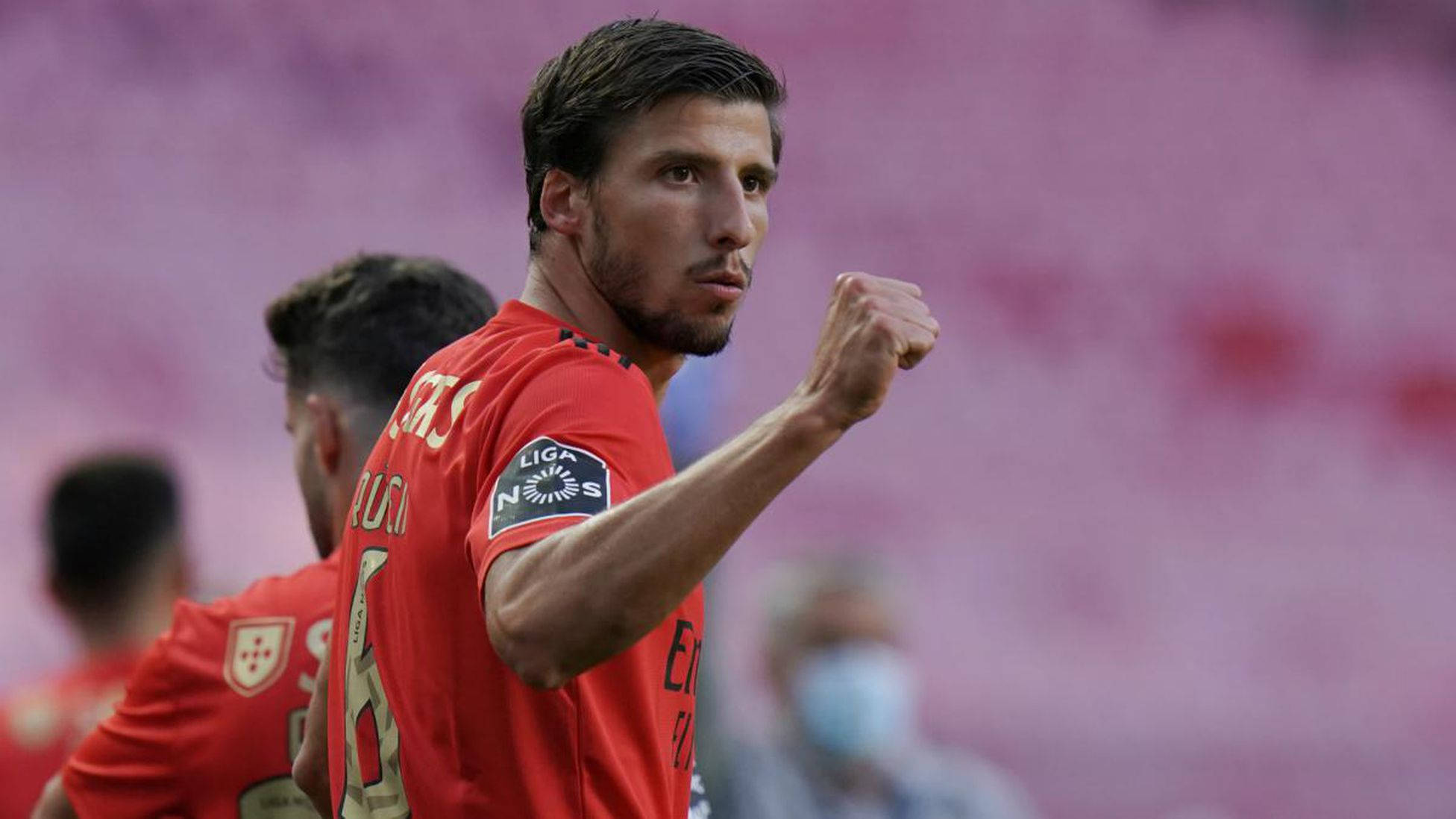 Ruben Dias, red jersey, stadium field, Full HD Desktop Wallpaper