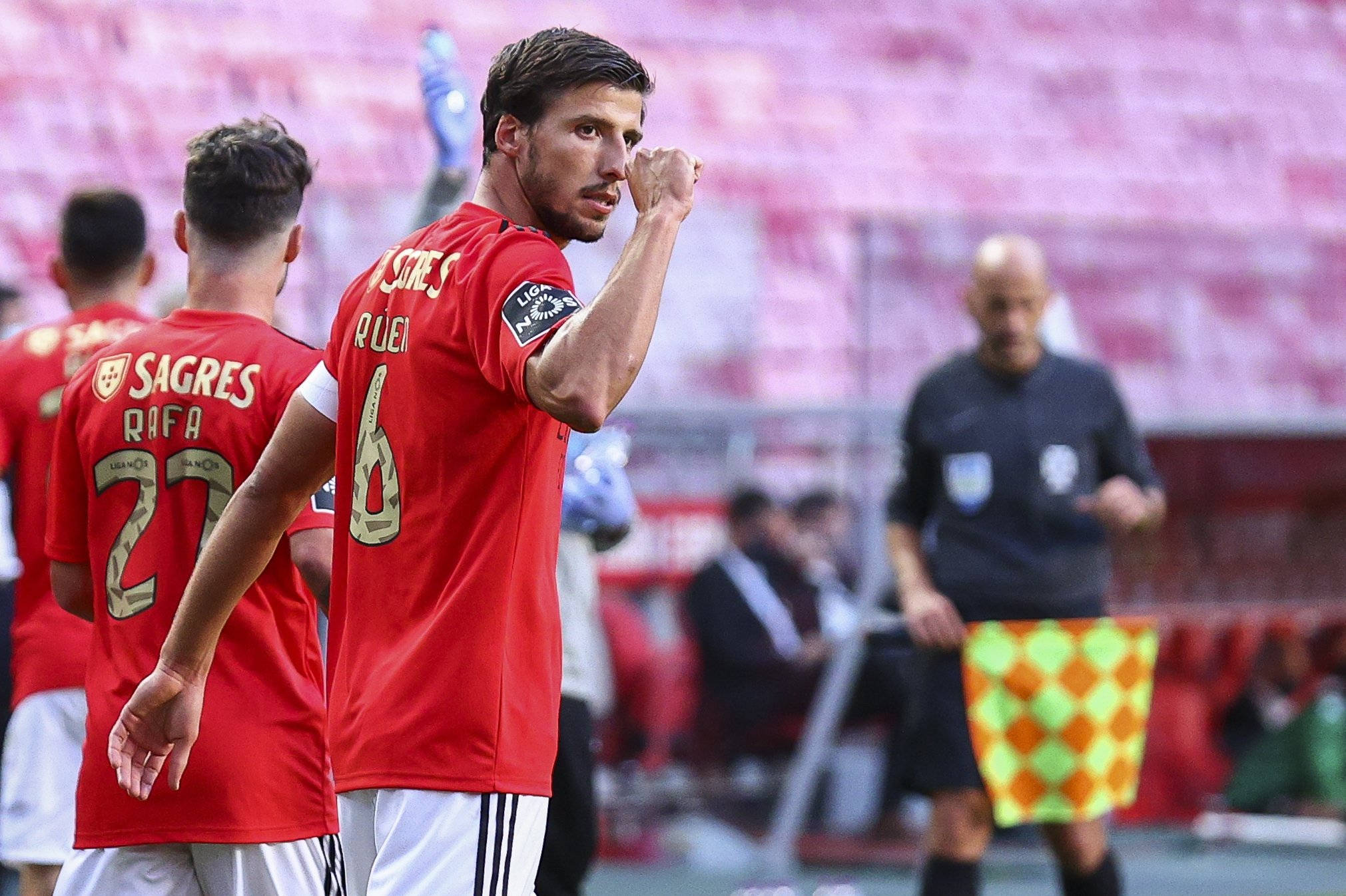 Ruben Dias, red jersey, stadium field, Full HD Desktop Wallpaper