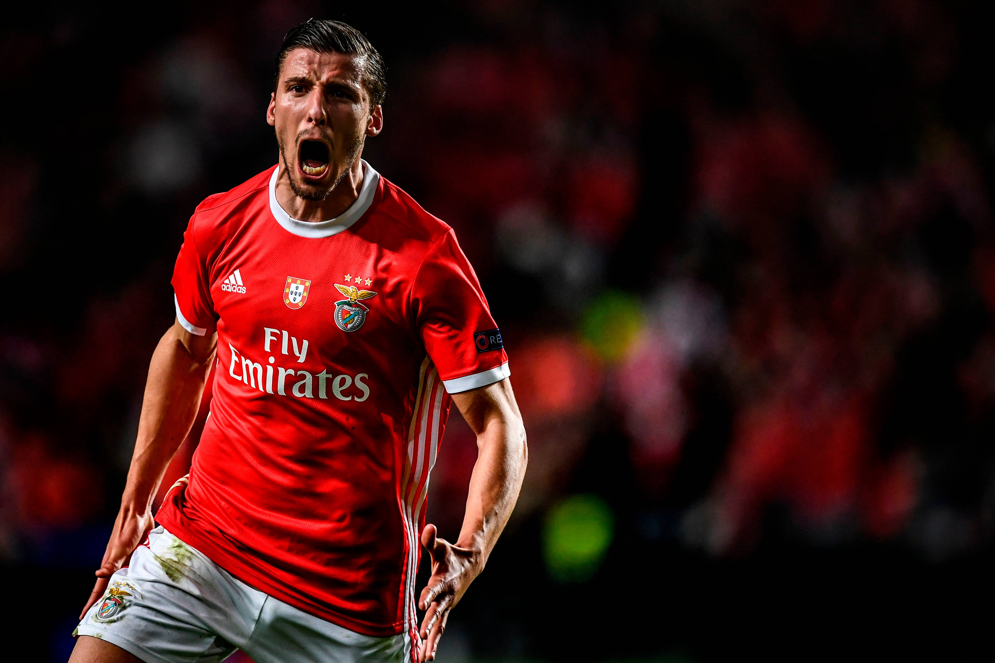 Ruben Dias, red jersey, stadium lights, 4K Desktop Wallpaper
