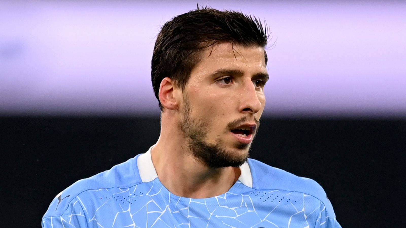 Ruben Dias, light blue jersey, white geometric patterns, HD Desktop Wallpaper