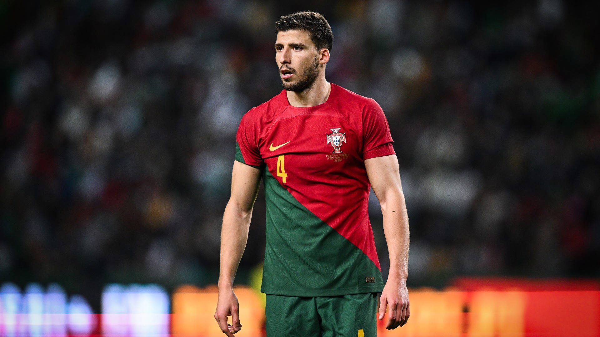 Ruben Dias, red and green jersey, stadium field, Full HD Desktop Wallpaper