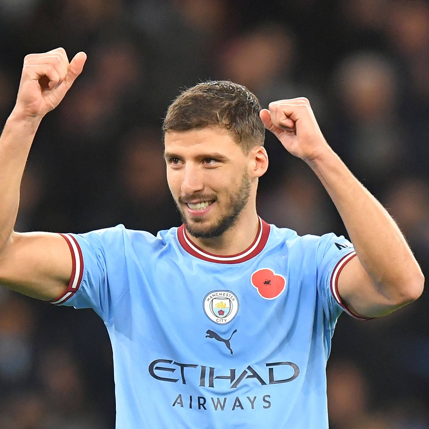 Ruben Dias, light blue Manchester City jersey, stadium crowd, HD Desktop Wallpaper