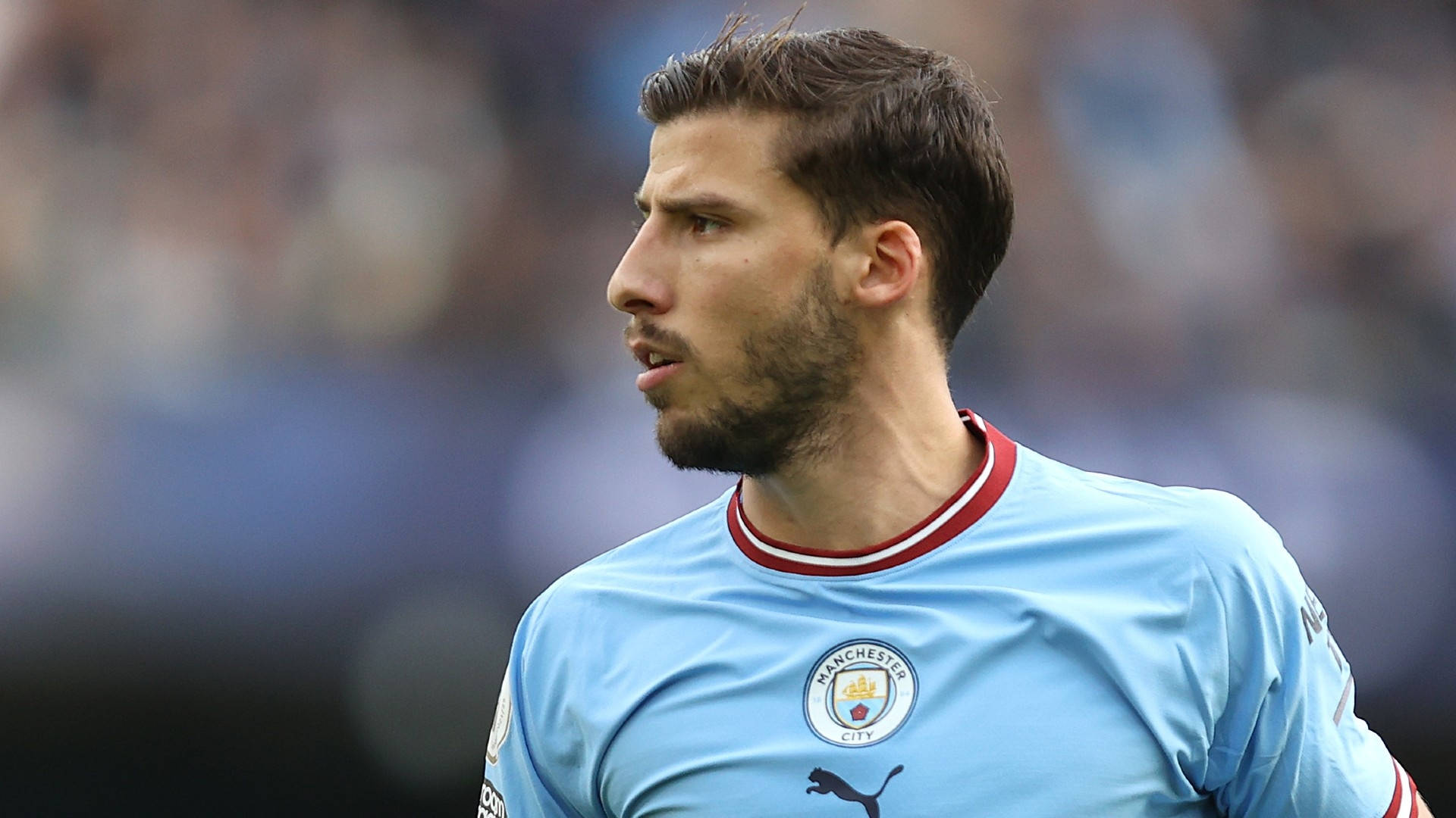 Ruben Dias, light blue Manchester City jersey, daytime match, Full HD Desktop Wallpaper