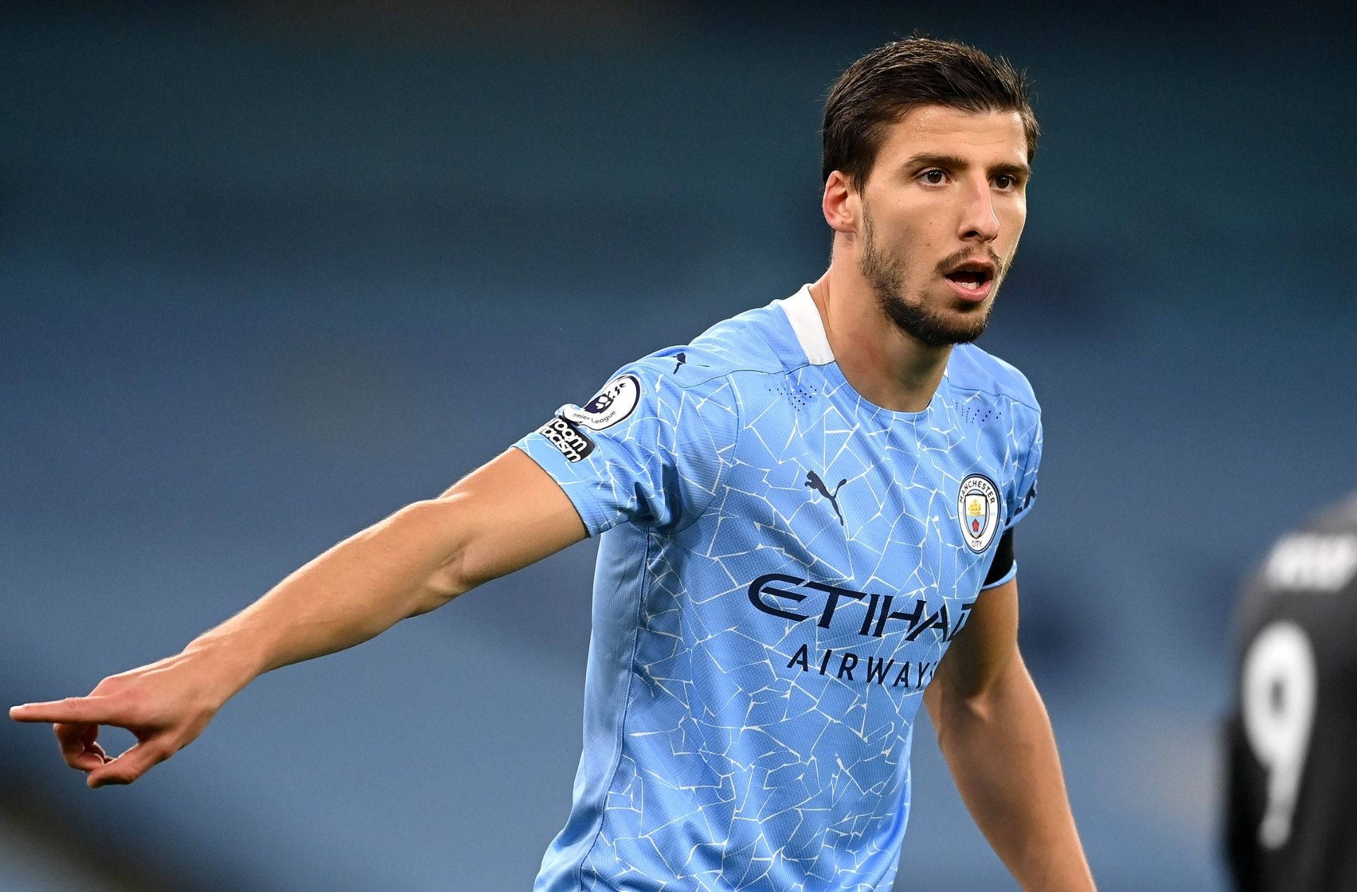 Ruben Dias, light blue Manchester City jersey, stadium lights, Full HD Desktop Wallpaper