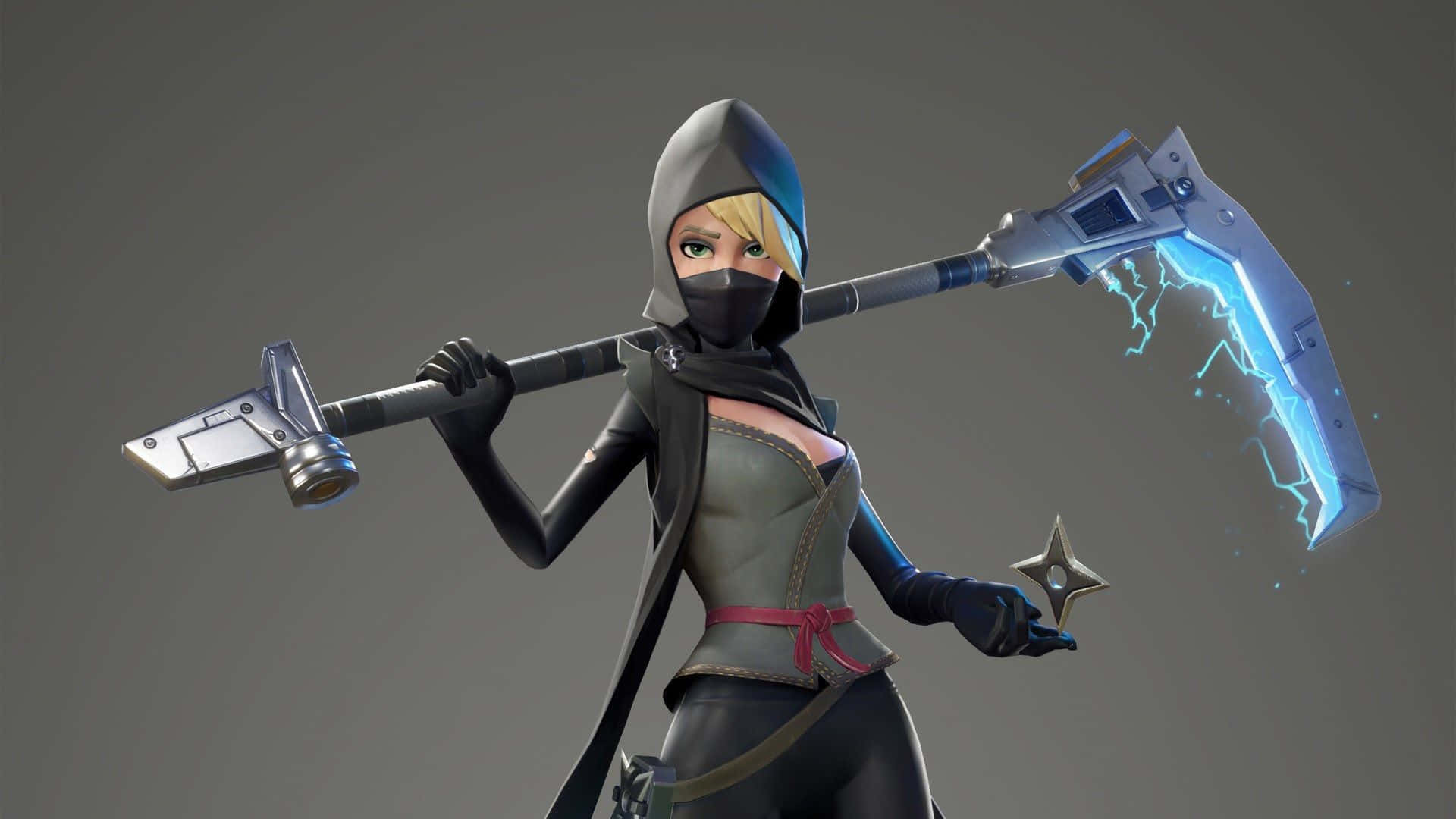 Ruby Fortnite Skin, glowing blue lightning-infused scythe, hooded female warrior, Full HD Desktop Wallpaper