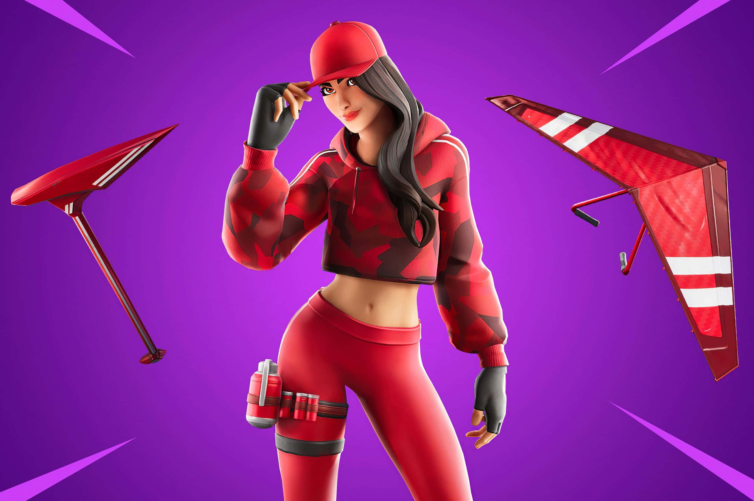 Ruby Fortnite Skin, red camo outfit, glider, 2K Desktop Wallpaper