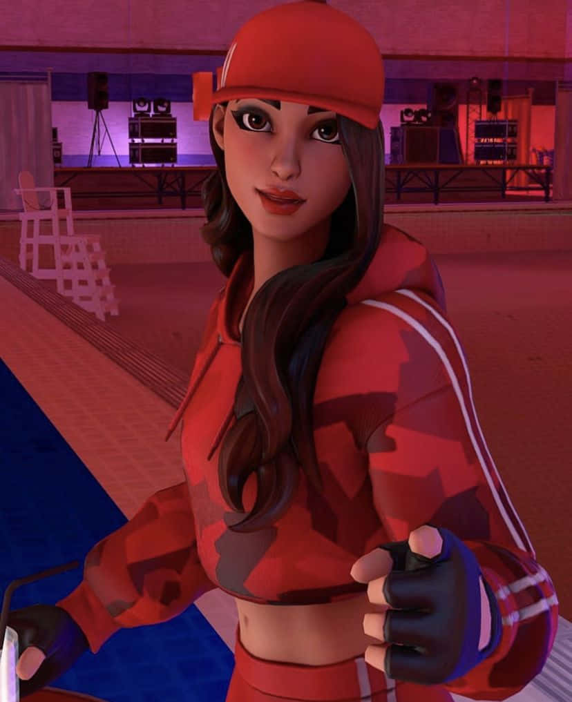 Ruby Fortnite Skin, red athletic gear, neon-lit urban skate park, SD Phone Wallpaper