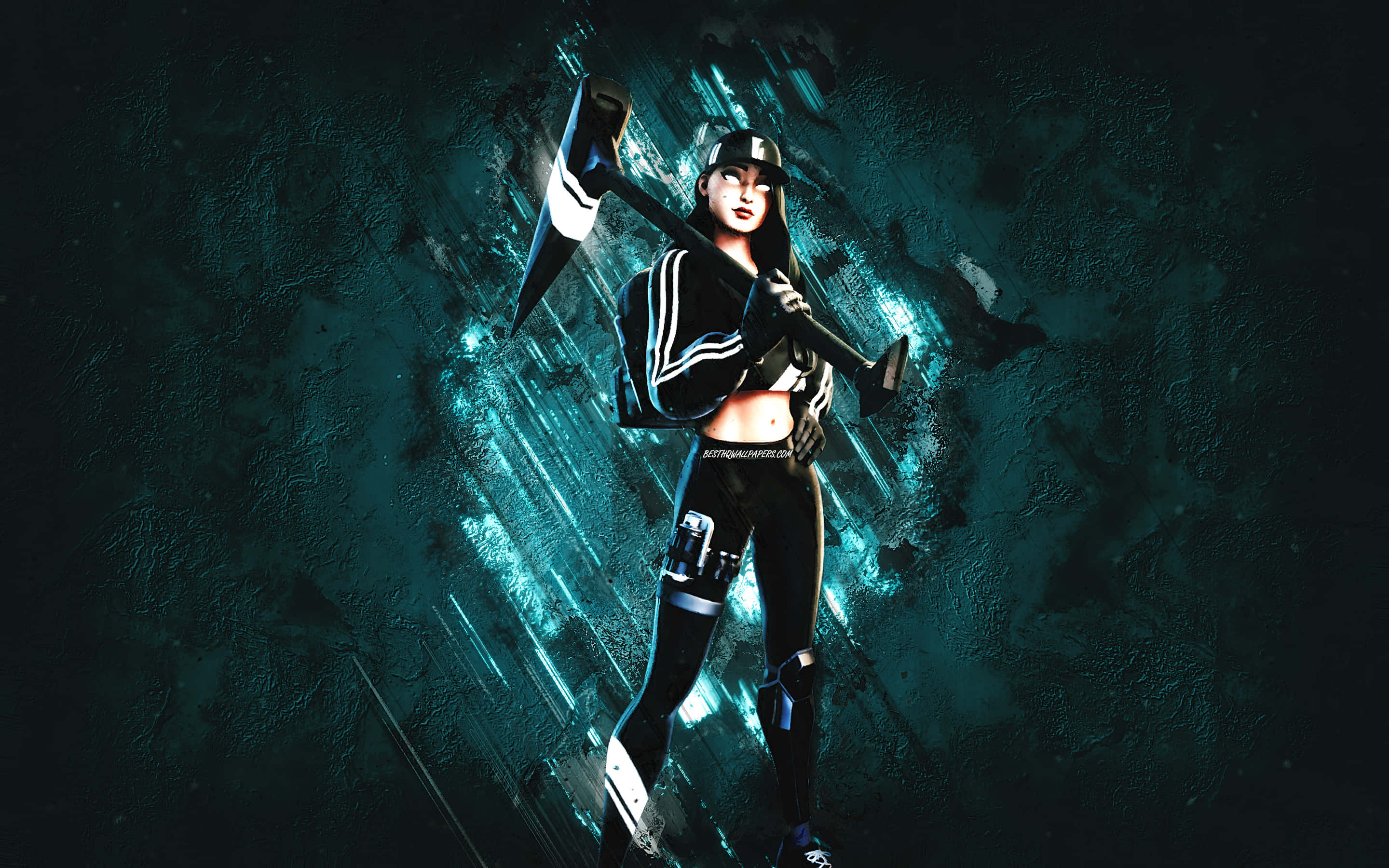Ruby Fortnite Skin, glowing axe, dark teal crystalline backdrop, 2K Desktop Wallpaper