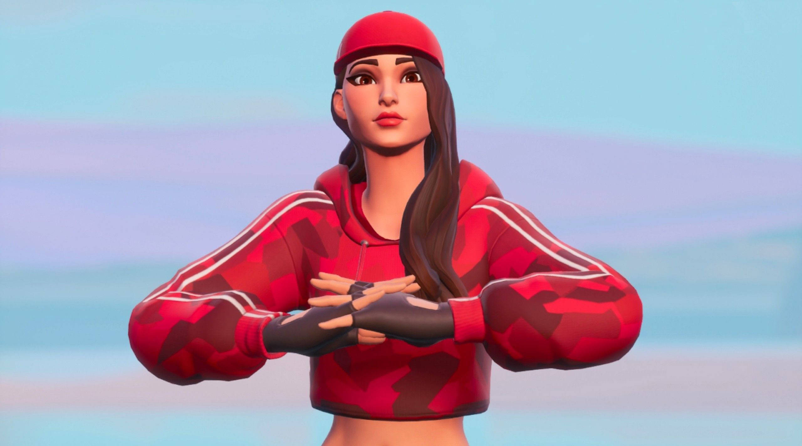 Ruby Fortnite, pastel gradient, red camo hoodie, 2K Desktop Wallpaper