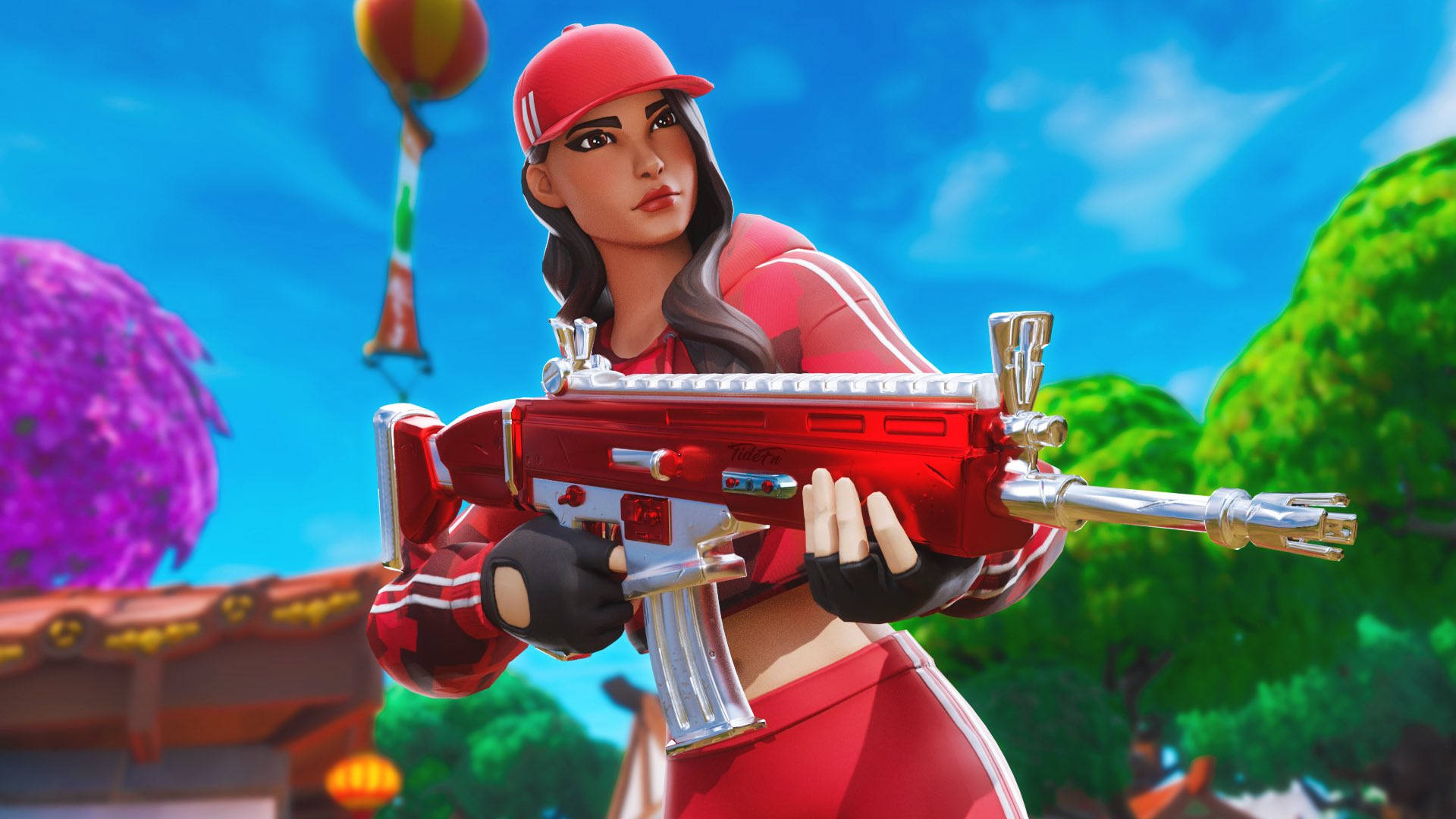 Ruby Fortnite, red outfit, shiny red rifle, Full HD Desktop Wallpaper