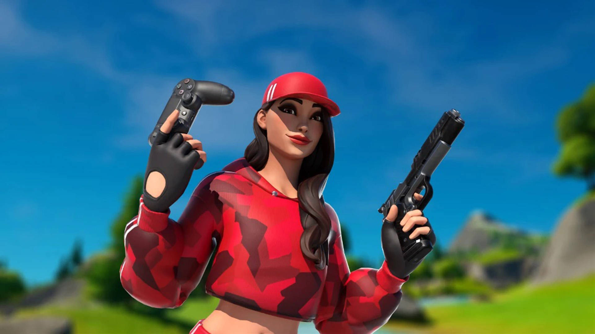 Ruby Fortnite, pistol, red camo hoodie, Full HD Desktop Wallpaper