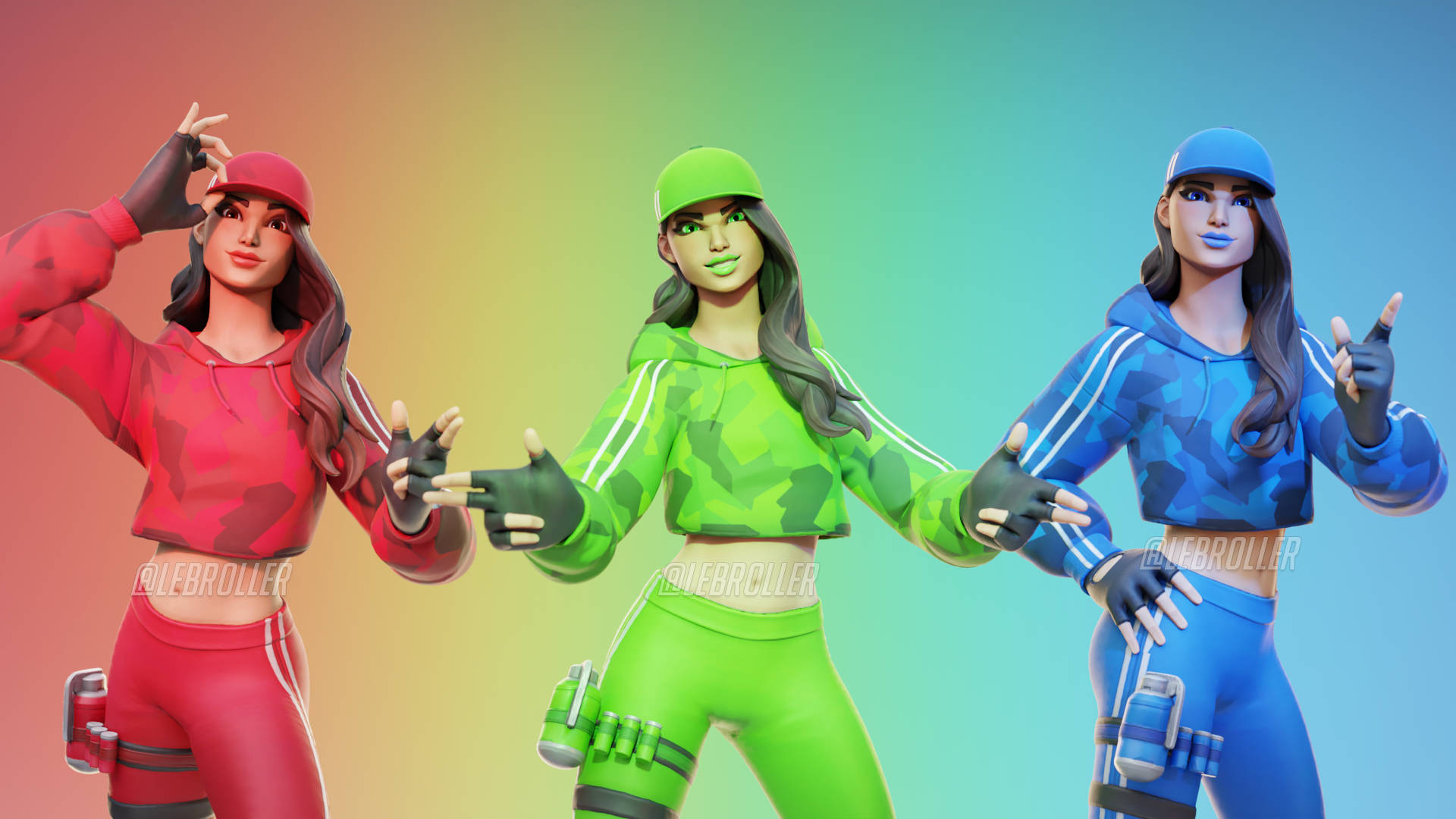 Ruby Fortnite, RGB, red green and blue athletic outfits, Full HD Desktop Wallpaper