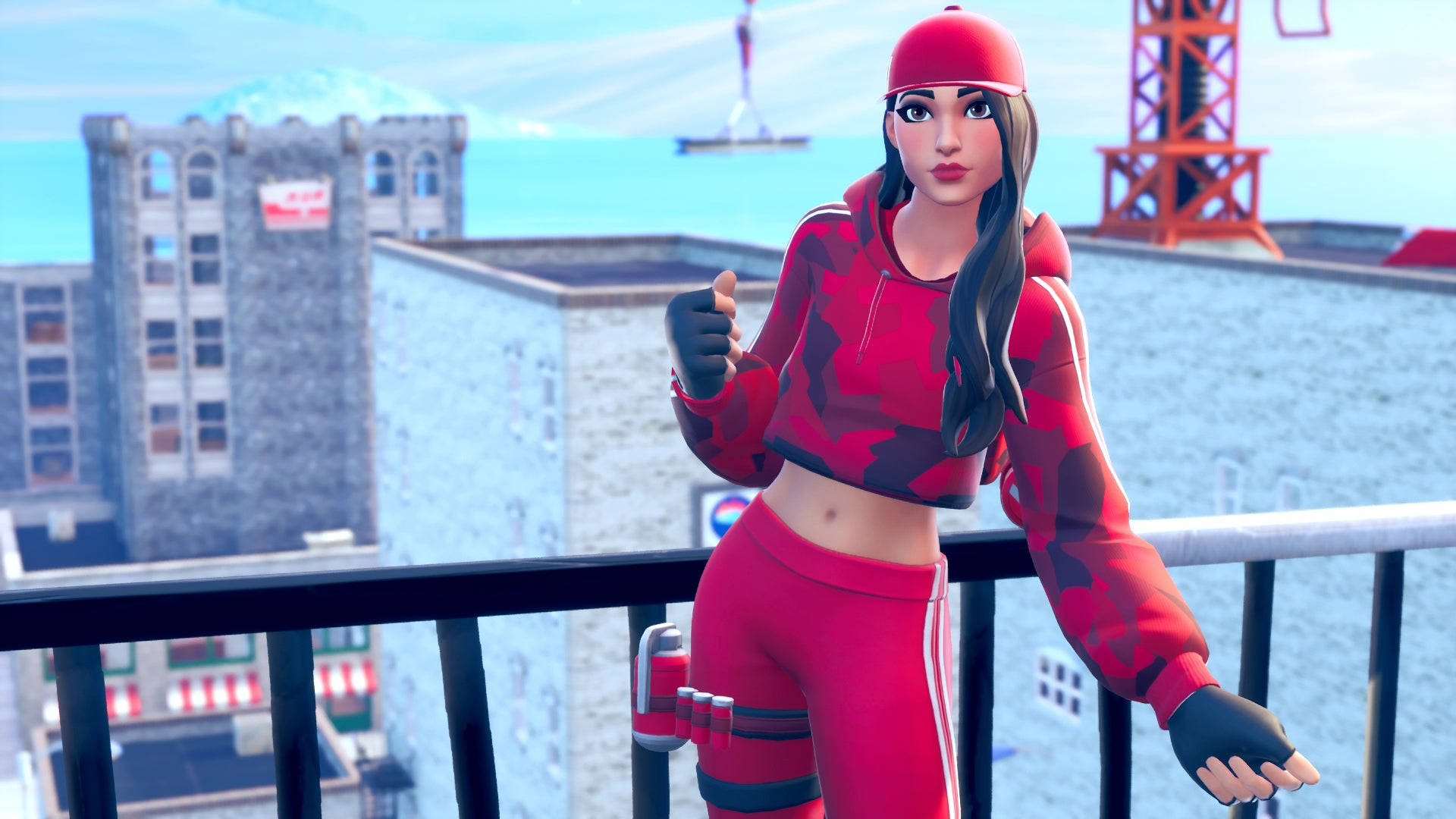Rooftop, Ruby Fortnite, red camo outfit, Full HD Desktop Wallpaper