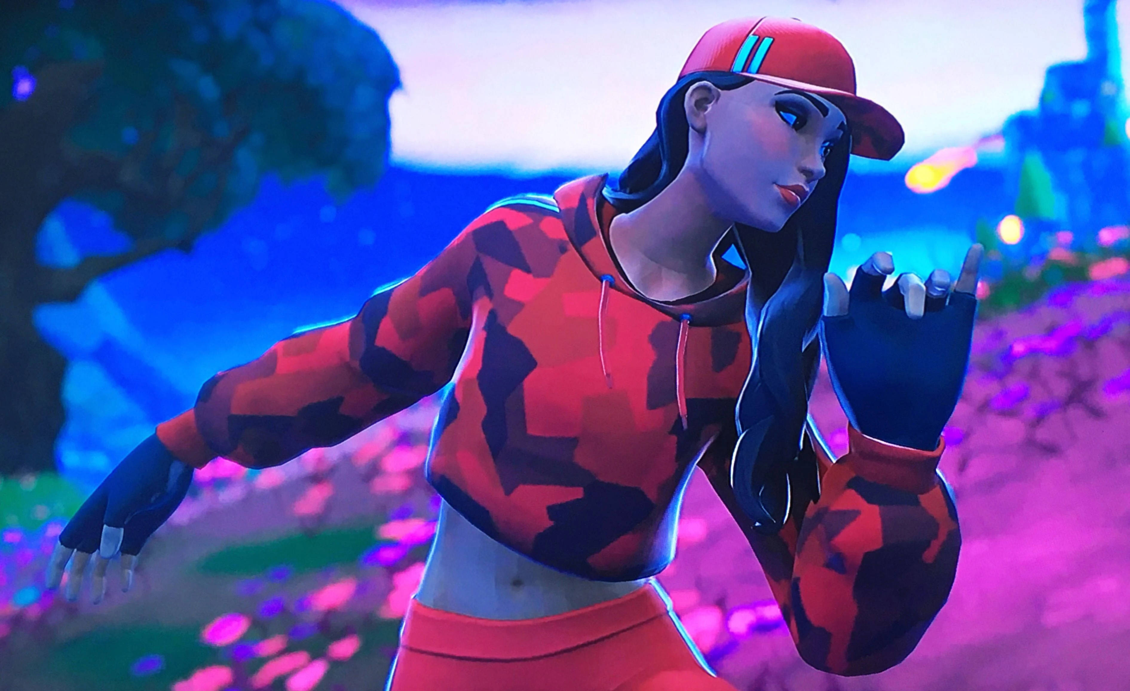 Ruby Fortnite, red camo hoodie, cap, 2K Desktop Wallpaper