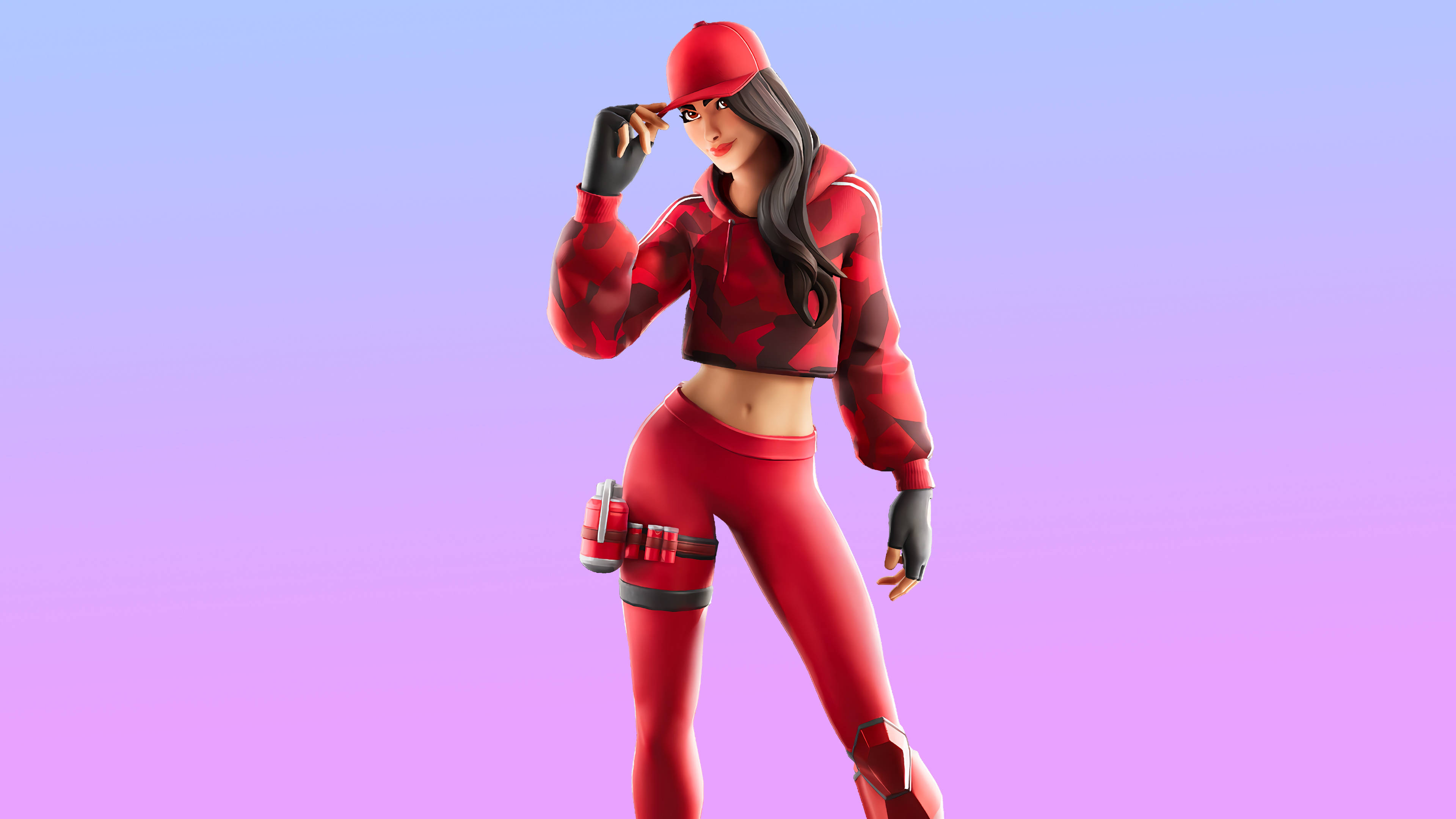 Ruby Fortnite, pastel purple background, red camo hoodie, 4K Desktop Wallpaper
