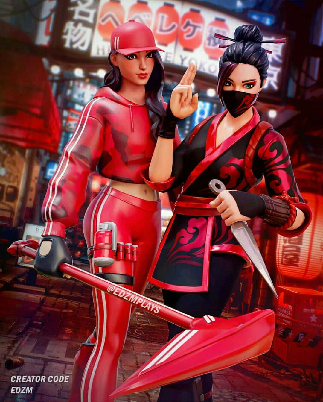 Ruby Fortnite Skin, red outfits, neon-lit Japanese street scene, HD Phone Wallpaper