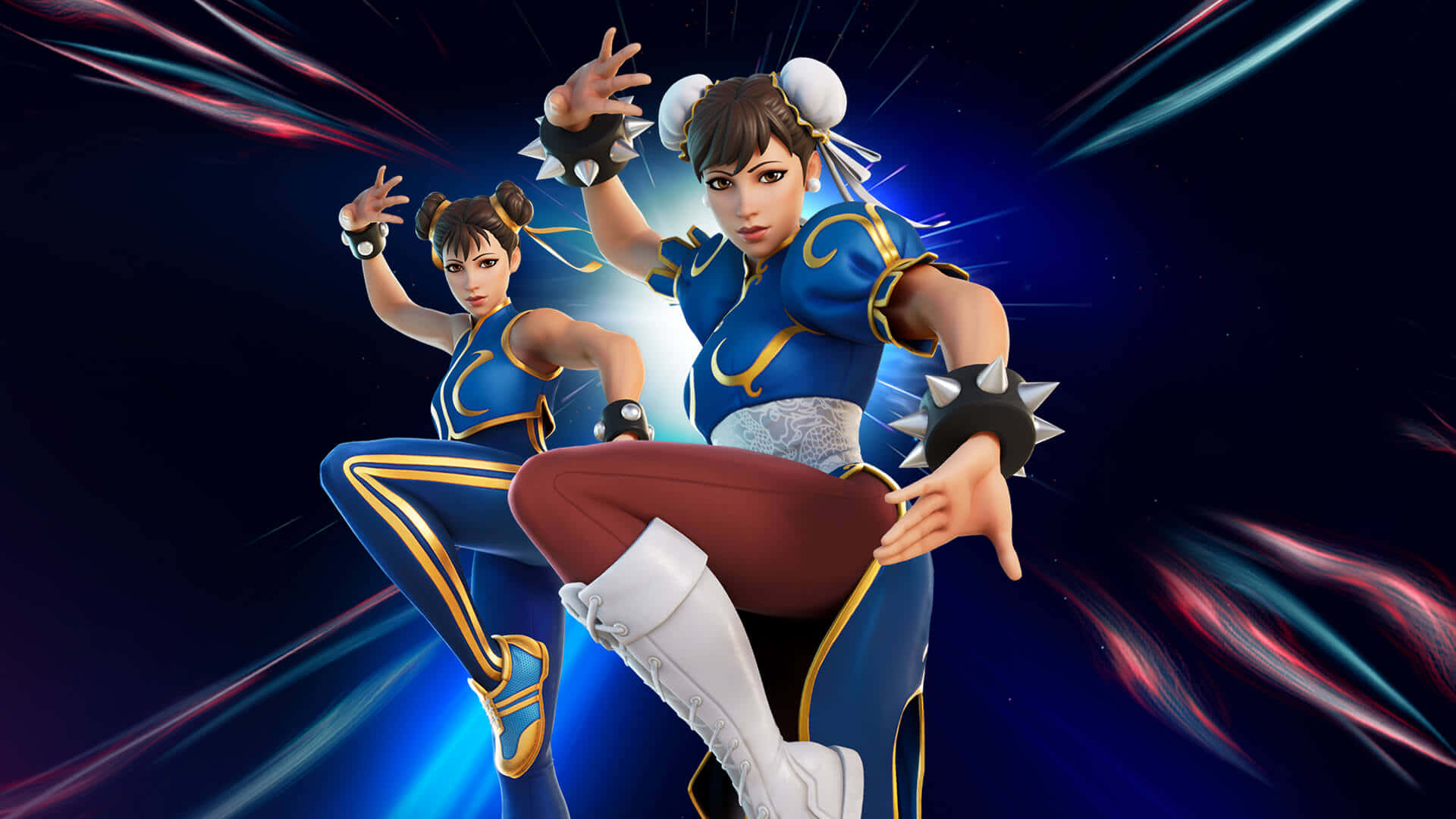 Ruby Fortnite Skin, anime-style female fighters, blue and gold outfits, Full HD Desktop Wallpaper