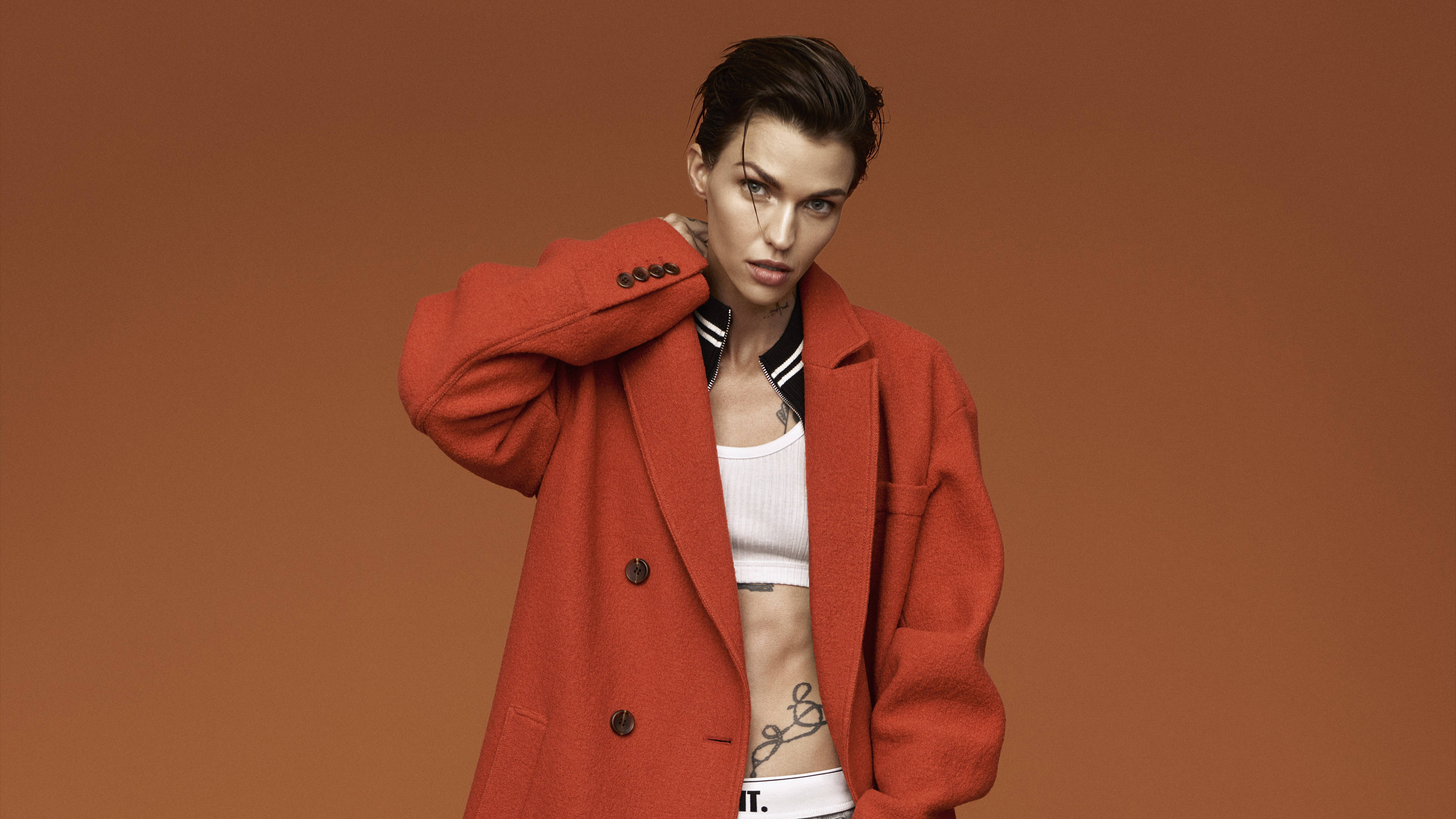 Ruby Rose, red coat, white crop top, 4K Desktop Wallpaper