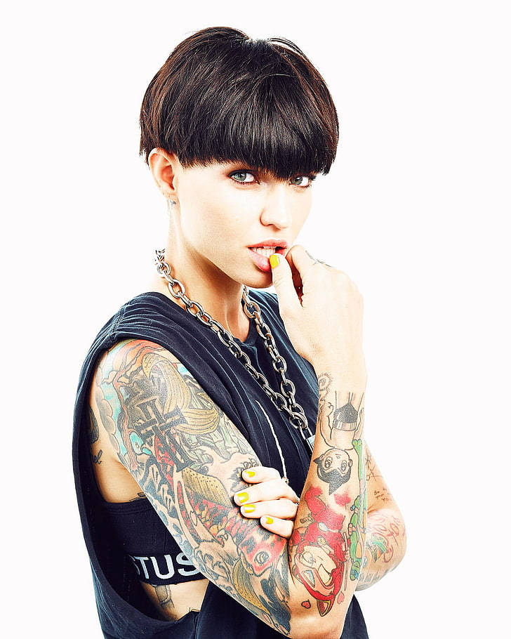 Ruby Rose, bowl haircut, tattooed woman, SD Phone Wallpaper