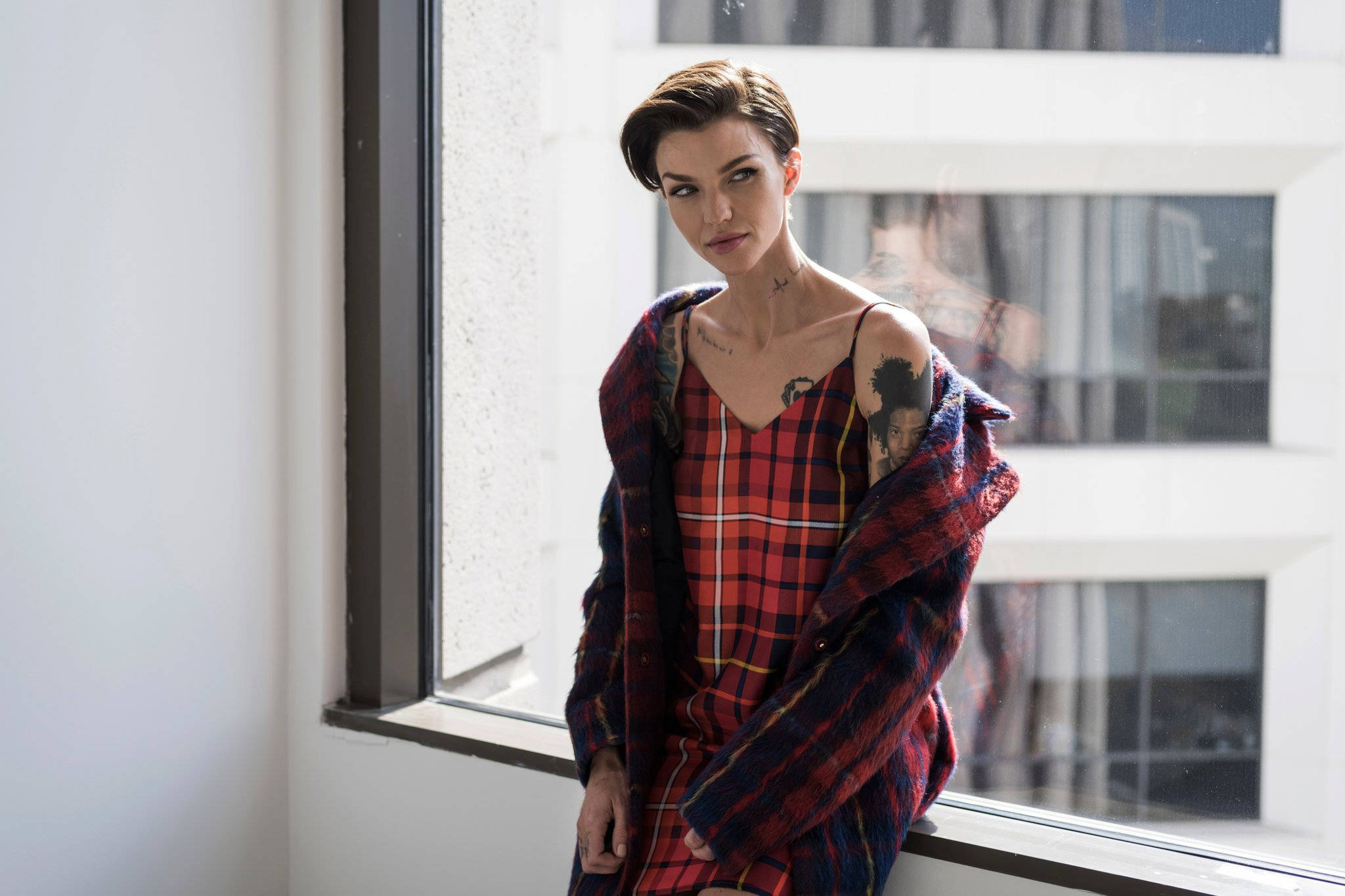 Ruby Rose, red plaid dress, matching jacket, Full HD Desktop Wallpaper