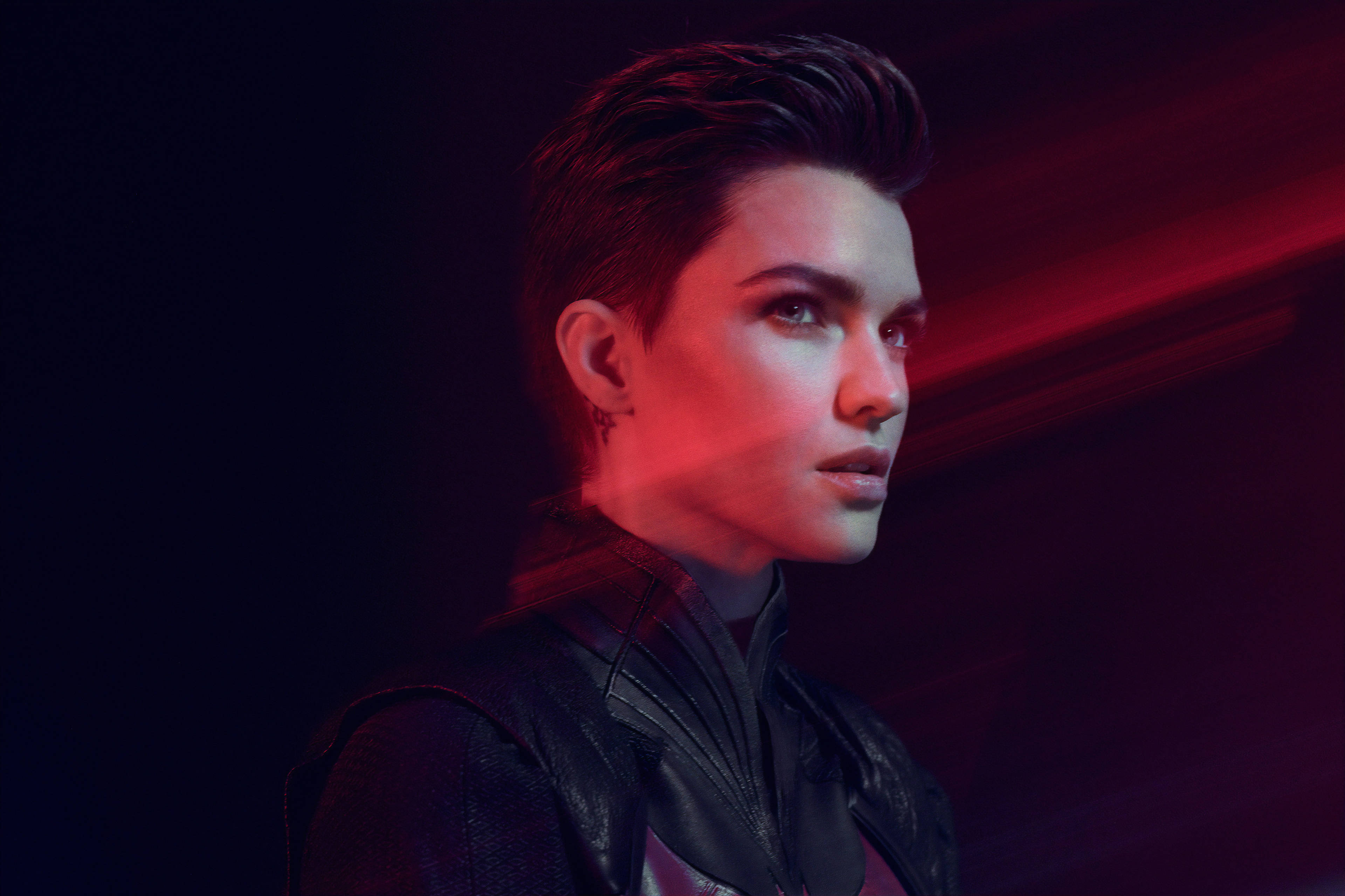 Ruby Rose, brushed-up hairstyle, leather jacket, 4K Desktop Wallpaper