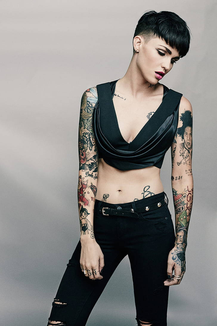 Ruby Rose, bowl cut, tattooed woman, SD Phone Wallpaper