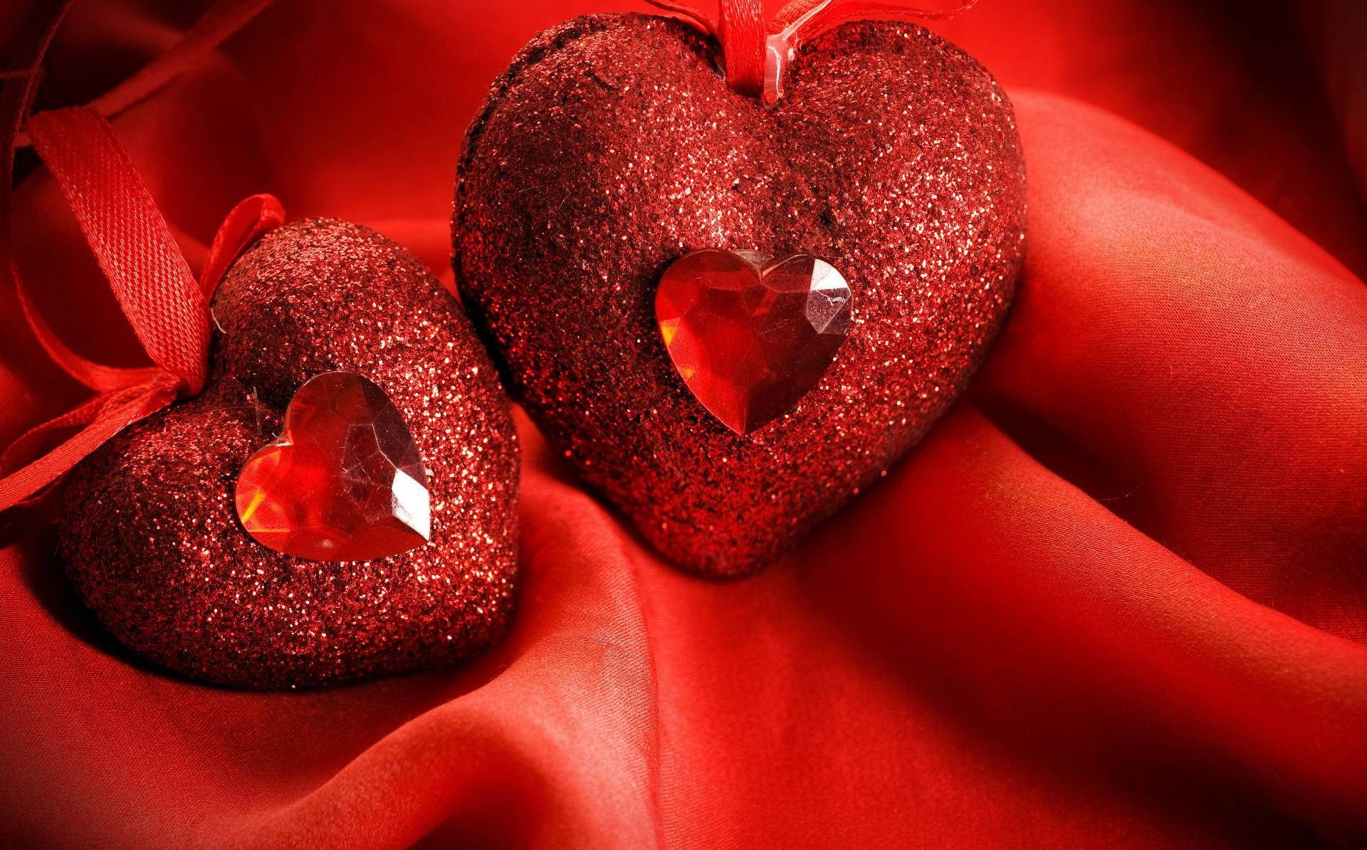 Ruby Hearts, glittering red heart ornaments, crystal hearts, Full HD Desktop Wallpaper