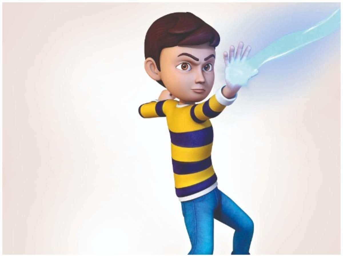 Rudra Cartoon, yellow and blue striped shirt, glowing energy, SD Desktop Wallpaper